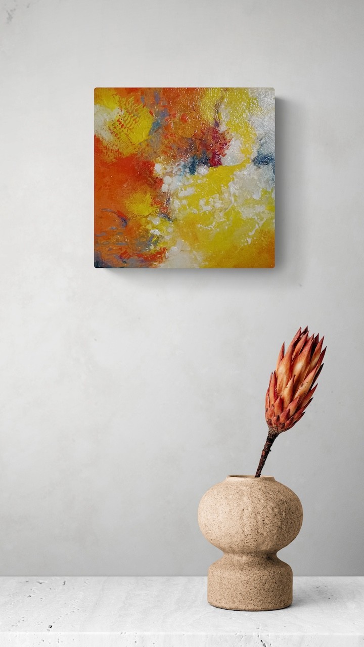 A painting of a yellow, orange, red, and blue abstract painting.