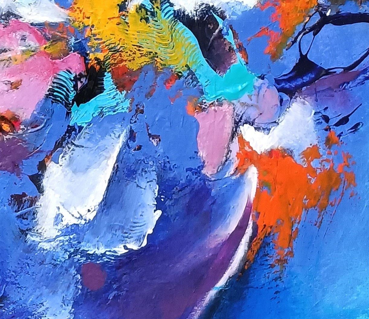 A painting of a colorful abstract painting on a blue background.