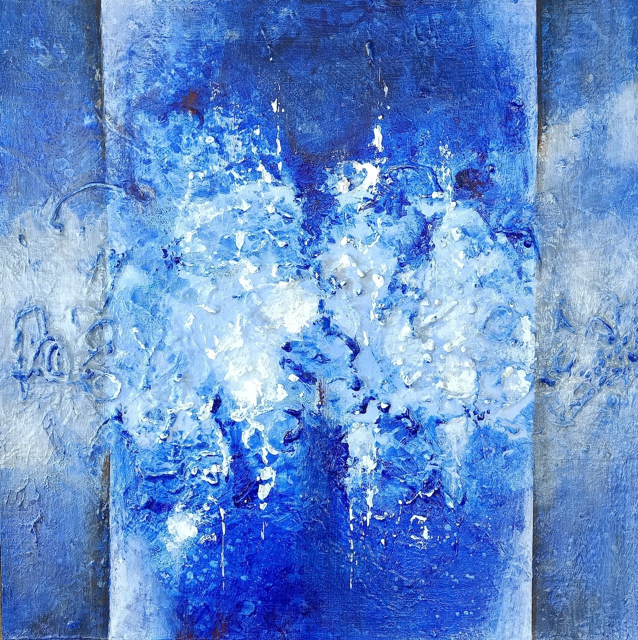A painting of a blue and white abstract painting on a wall.