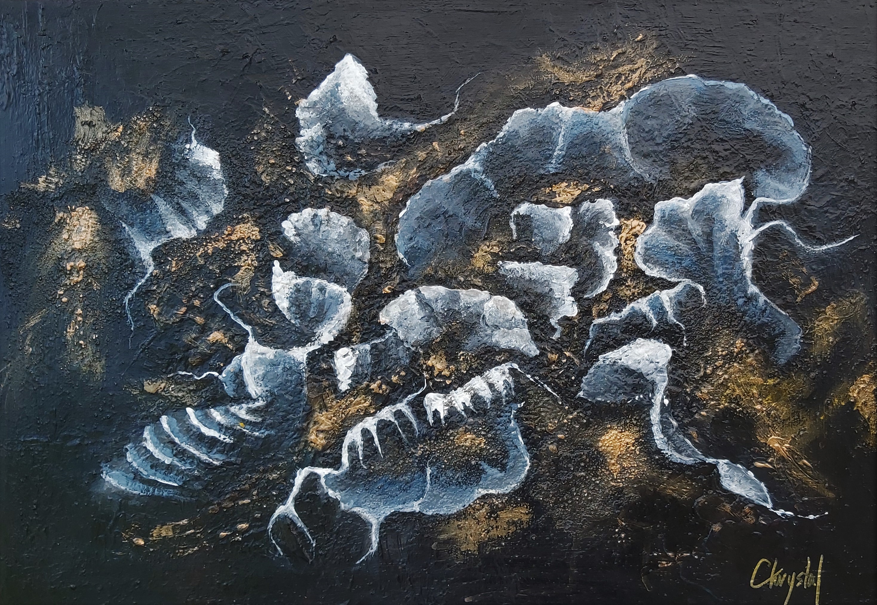 A painting of a black and gold painting on a black background.