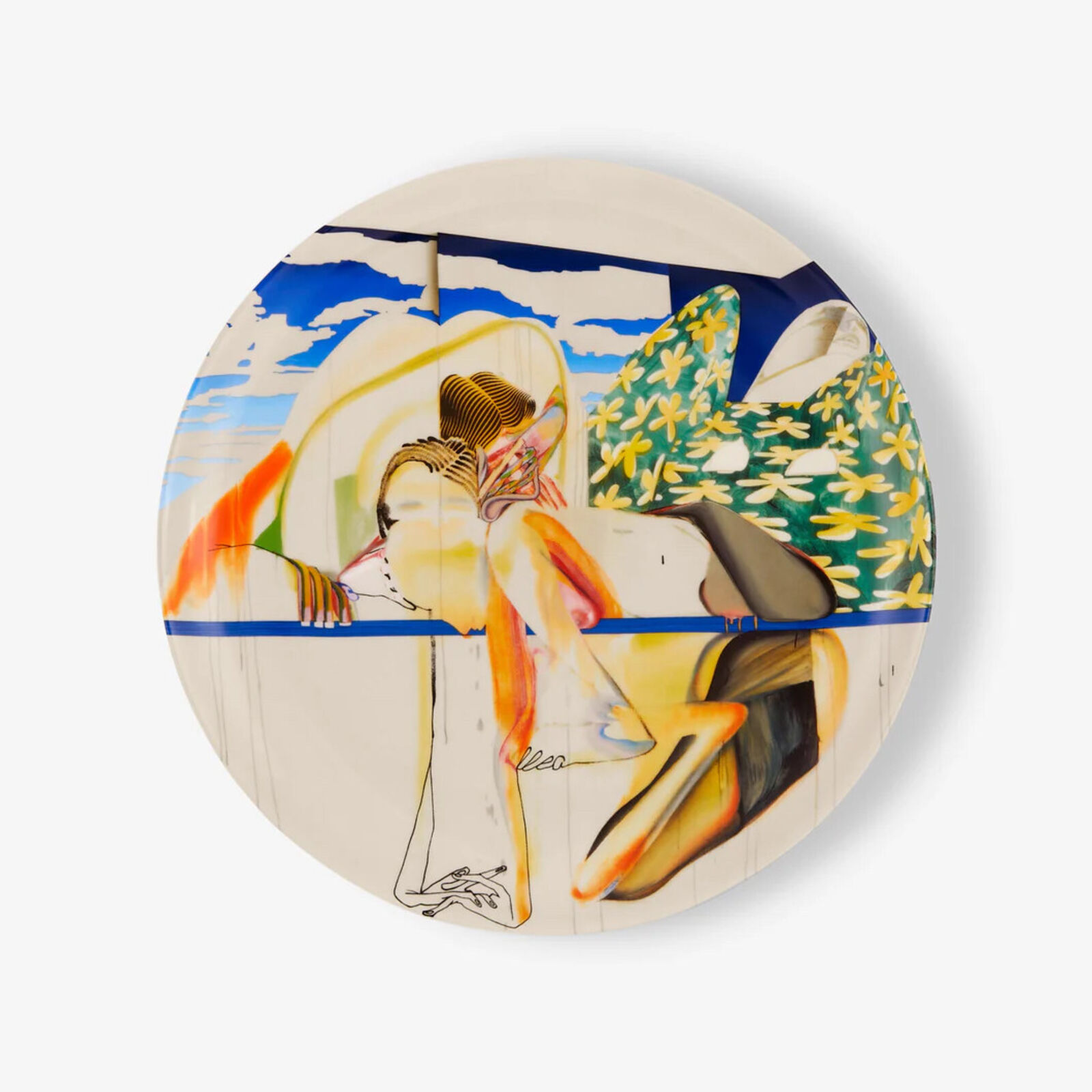 A painting of a woman sitting on a beach next to a surfboard.