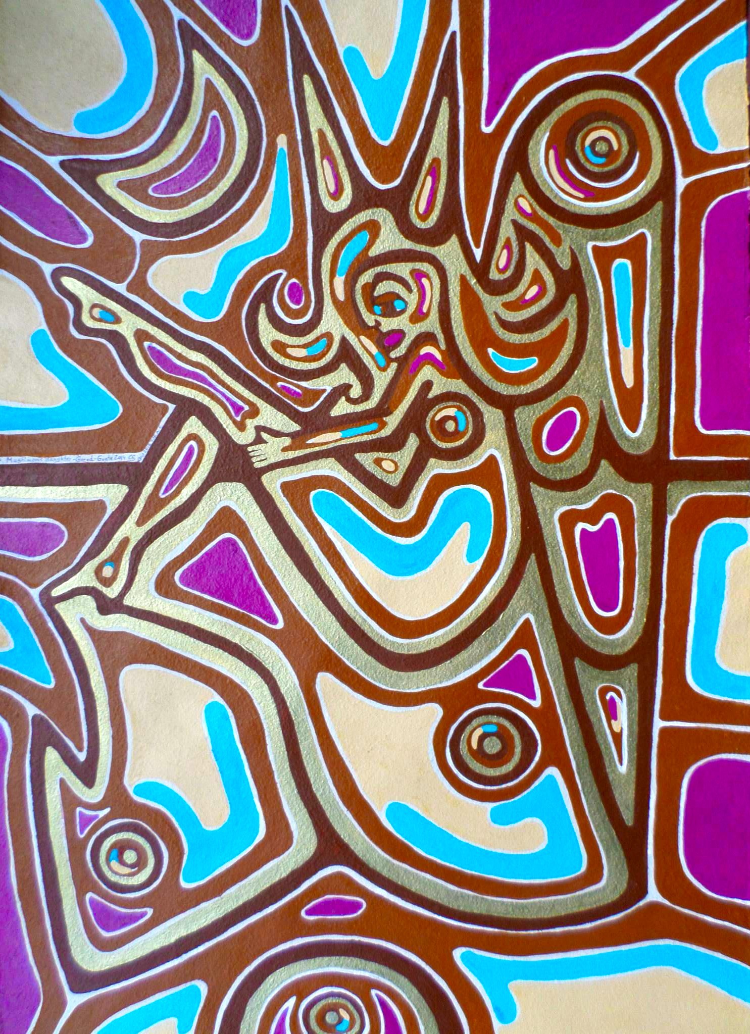 A painting of a colorful abstract design on a piece of paper.