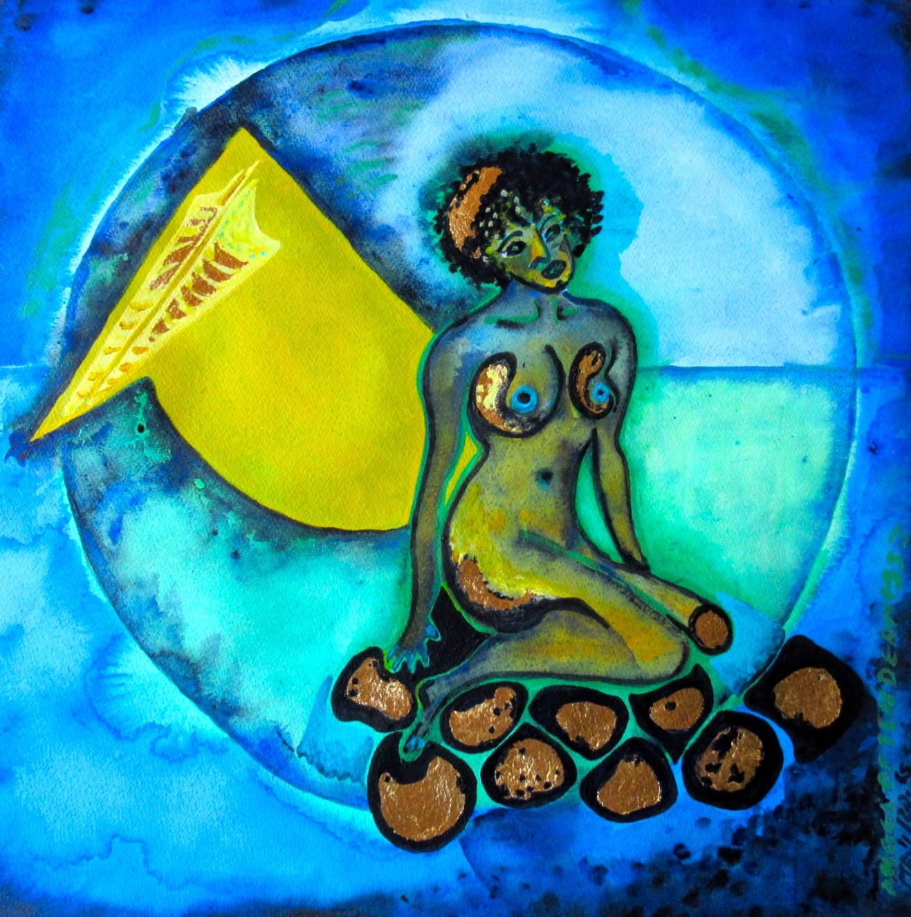 A painting of a woman sitting on a rock with a pyramid in the background.