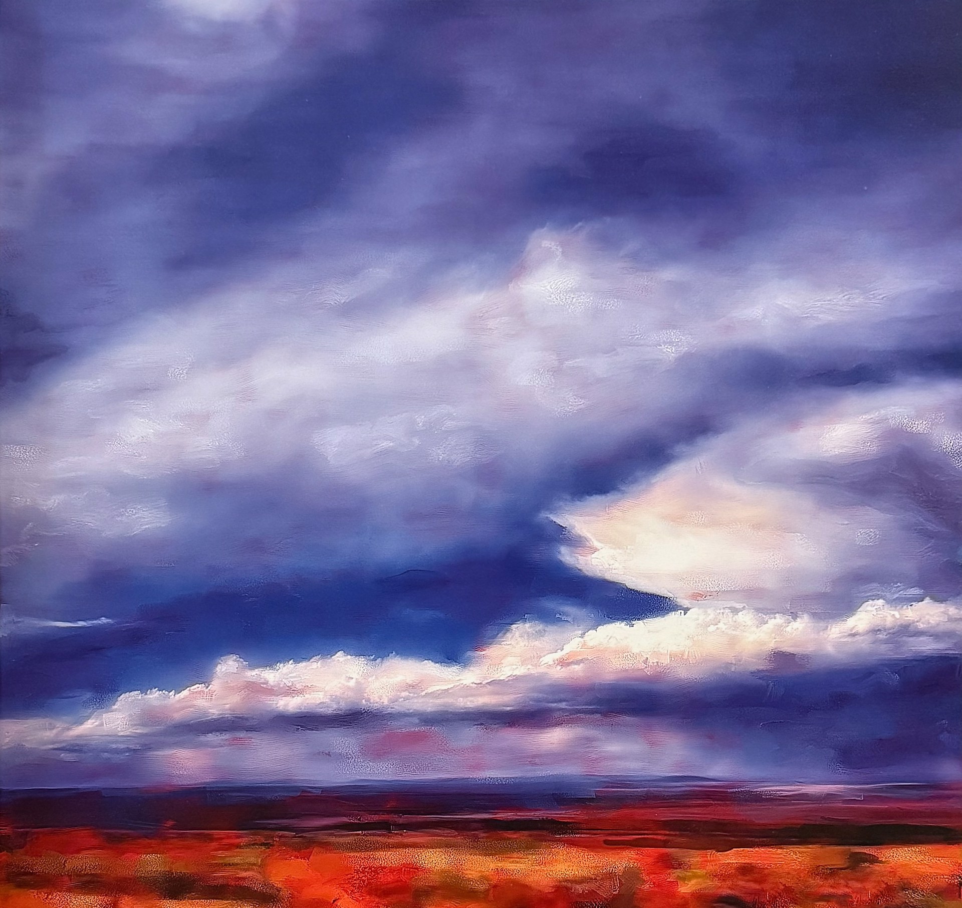 A painting of a cloudy sky over a field.