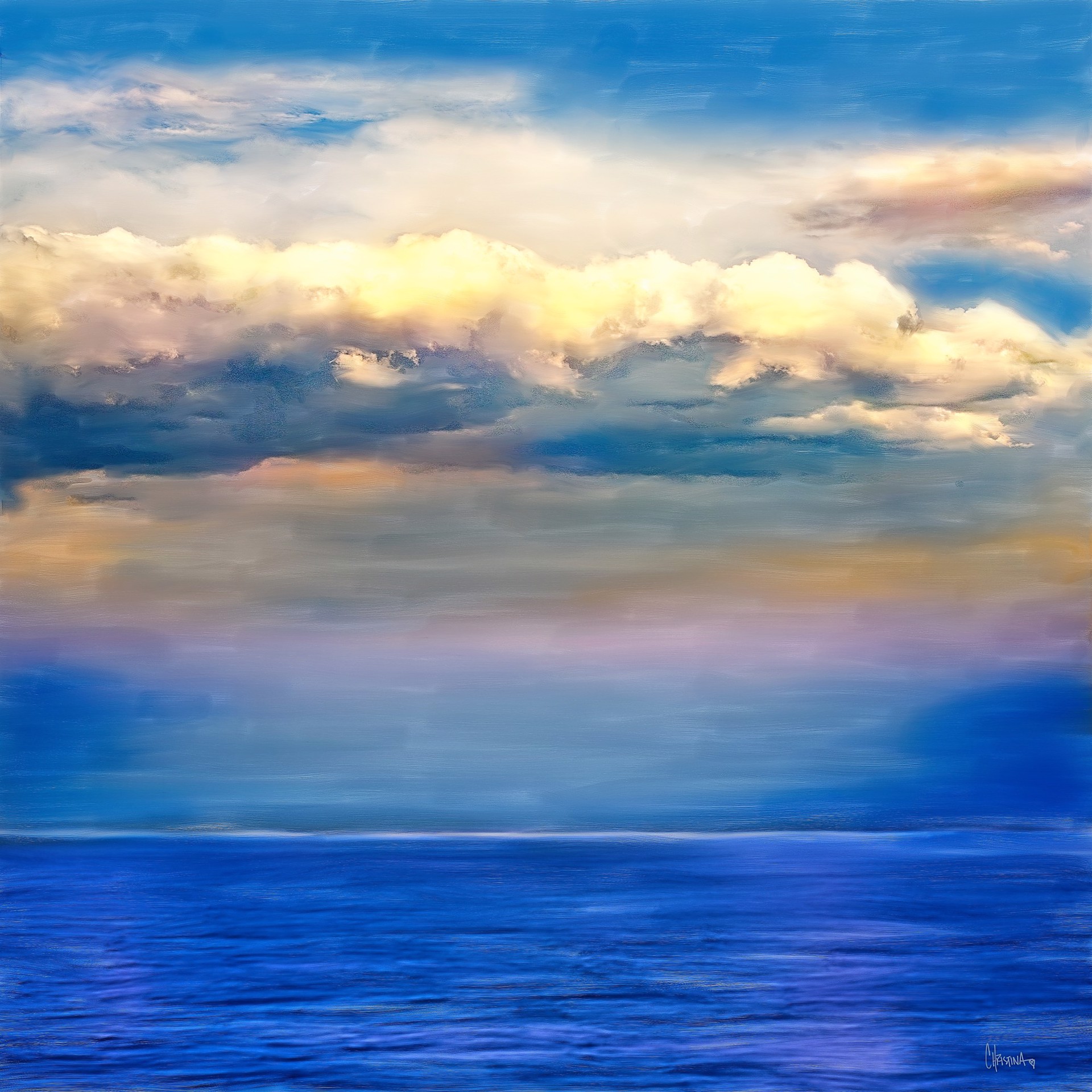 A painting of a cloudy sky over the ocean.