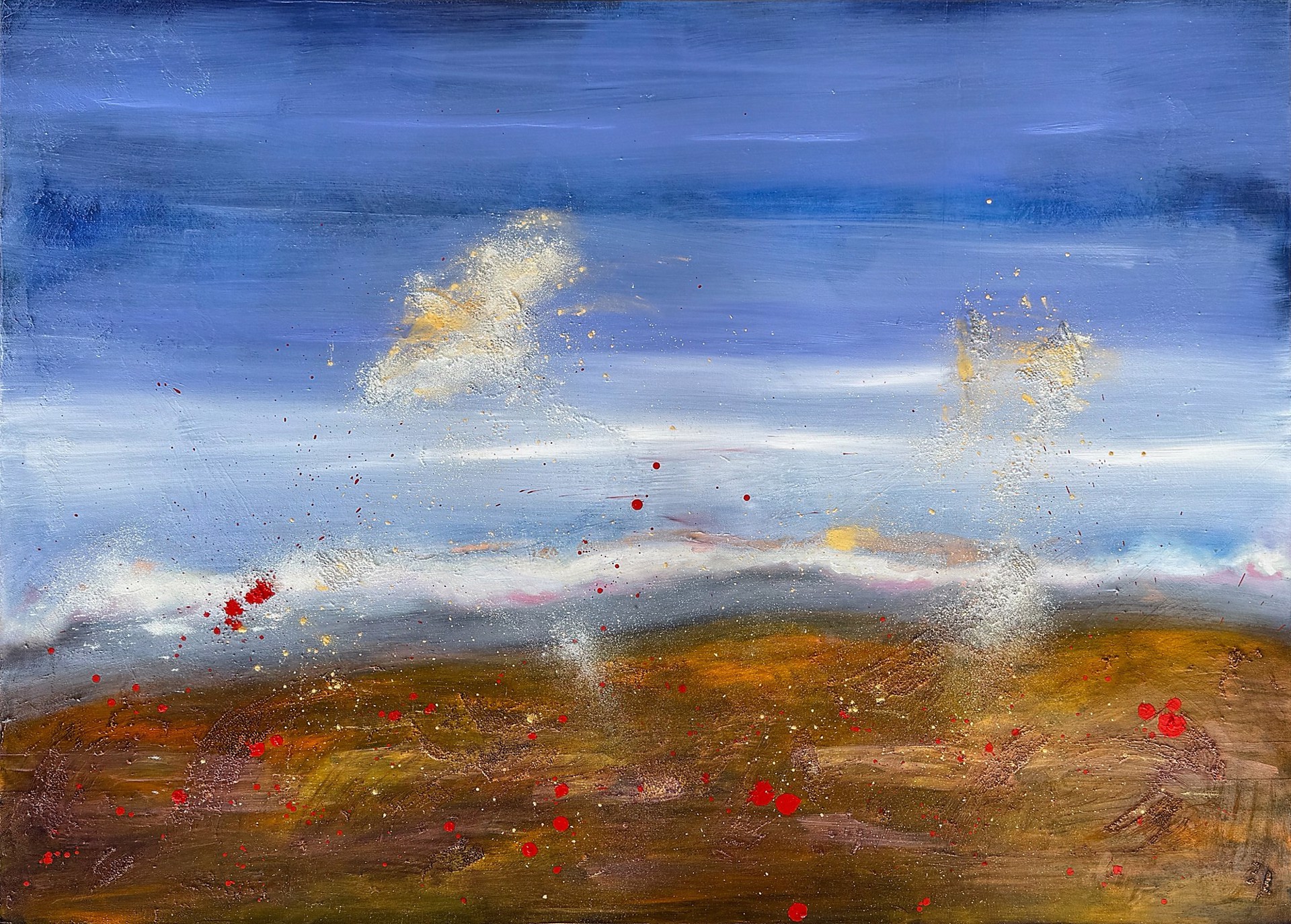 A painting of a landscape with a blue sky and clouds.