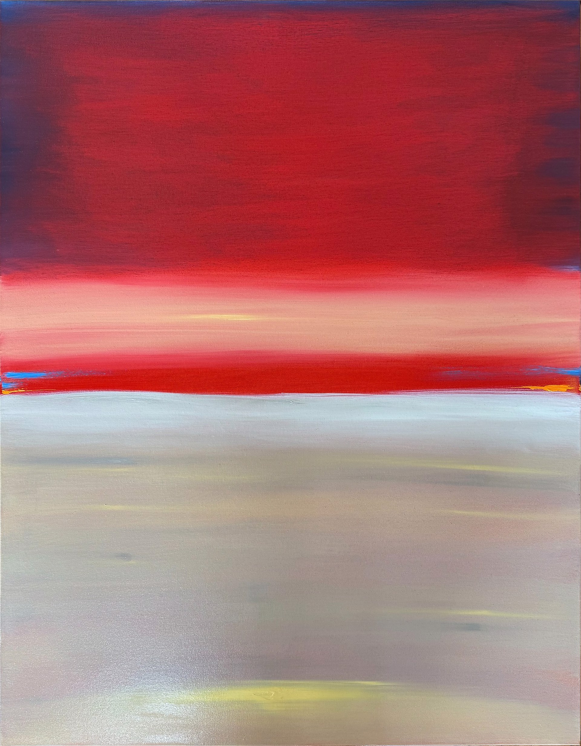 A painting of a red and blue abstract painting on a white background.