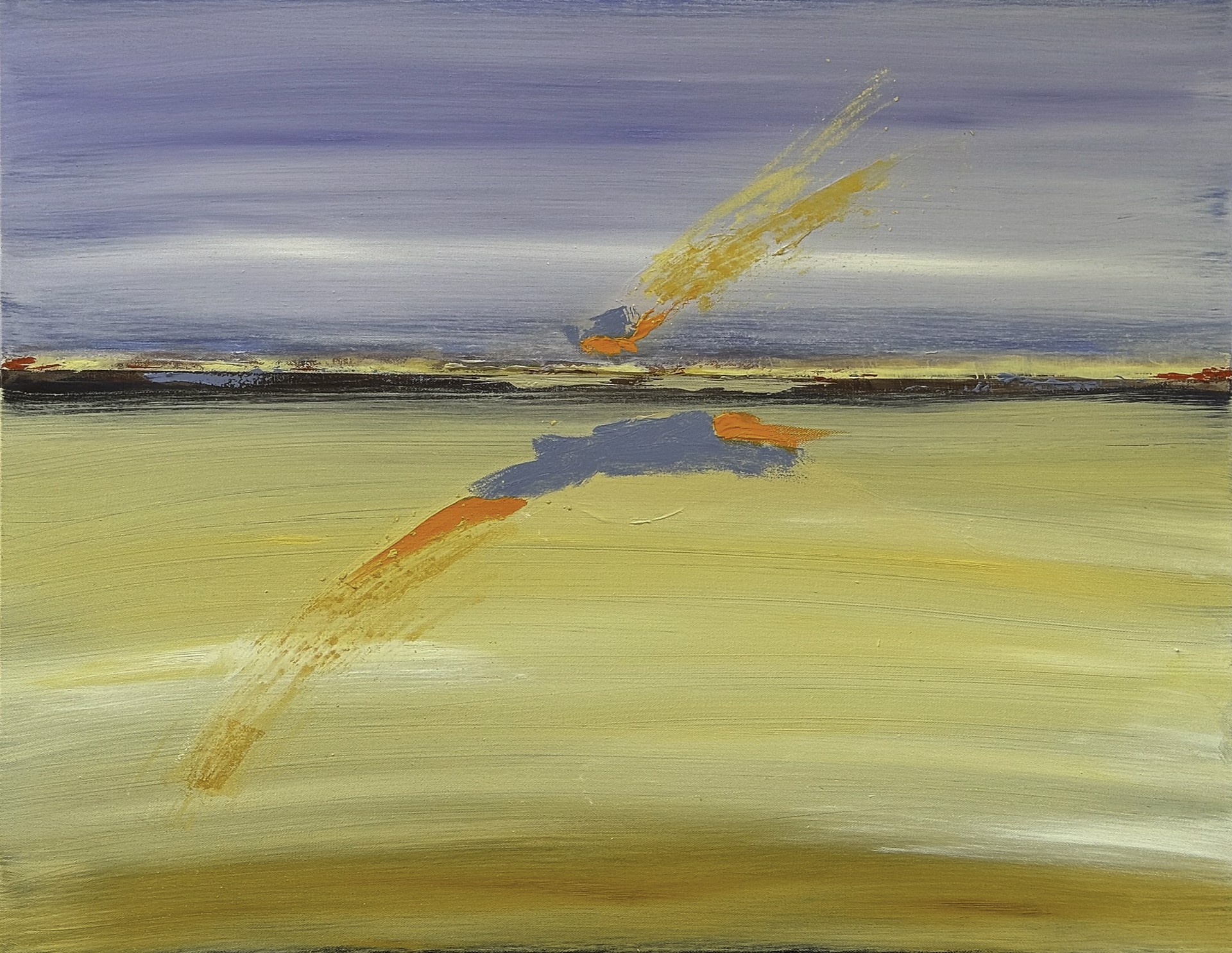 A painting of a yellow and blue sky with a plane flying over it.