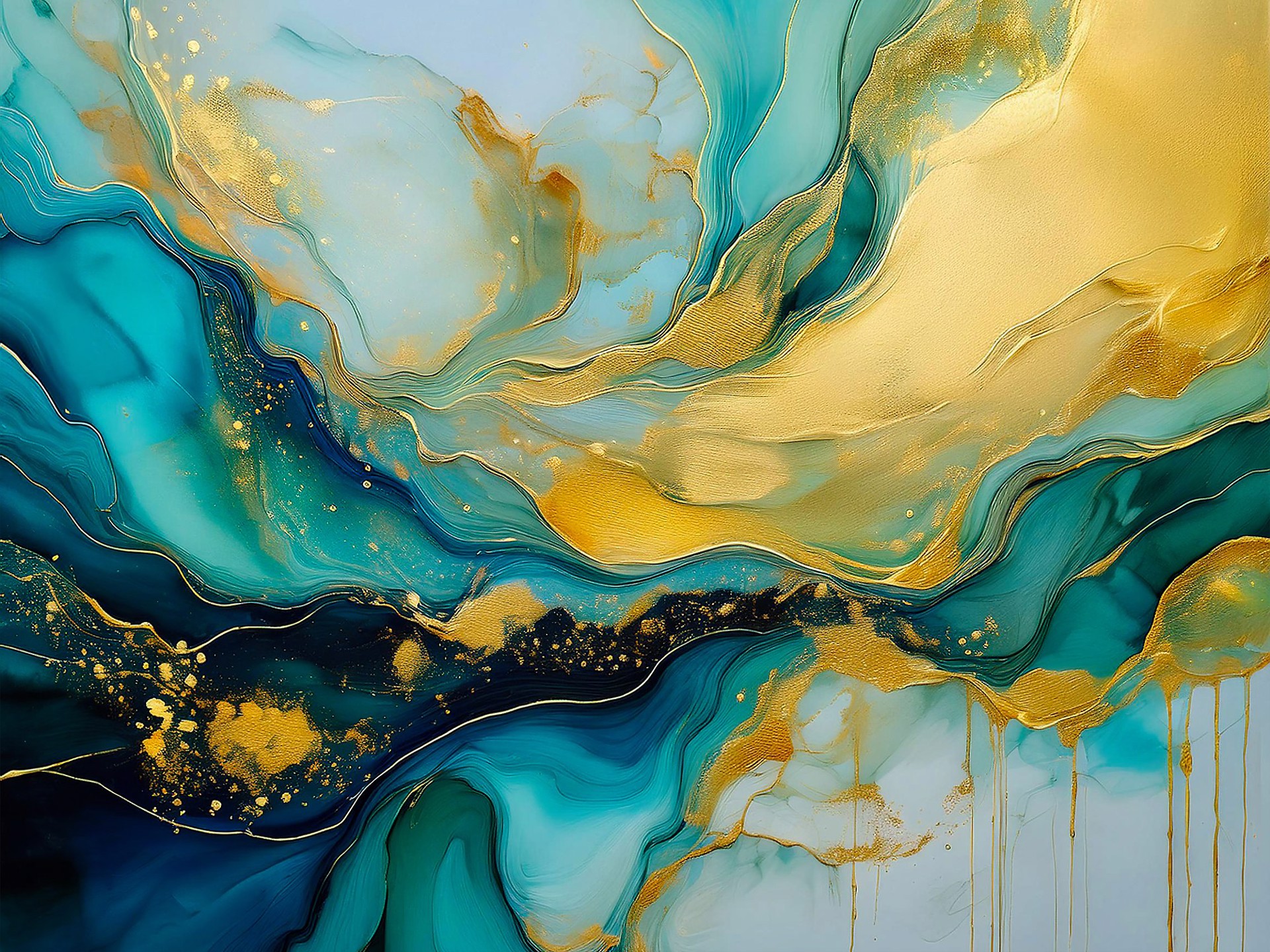 A painting of a blue and gold abstract painting on a wall.