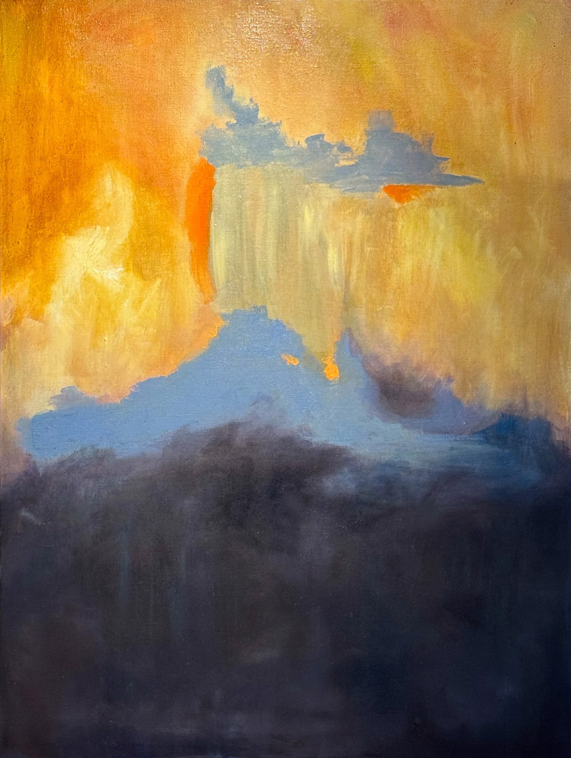 A painting of a sunset over a body of water.
