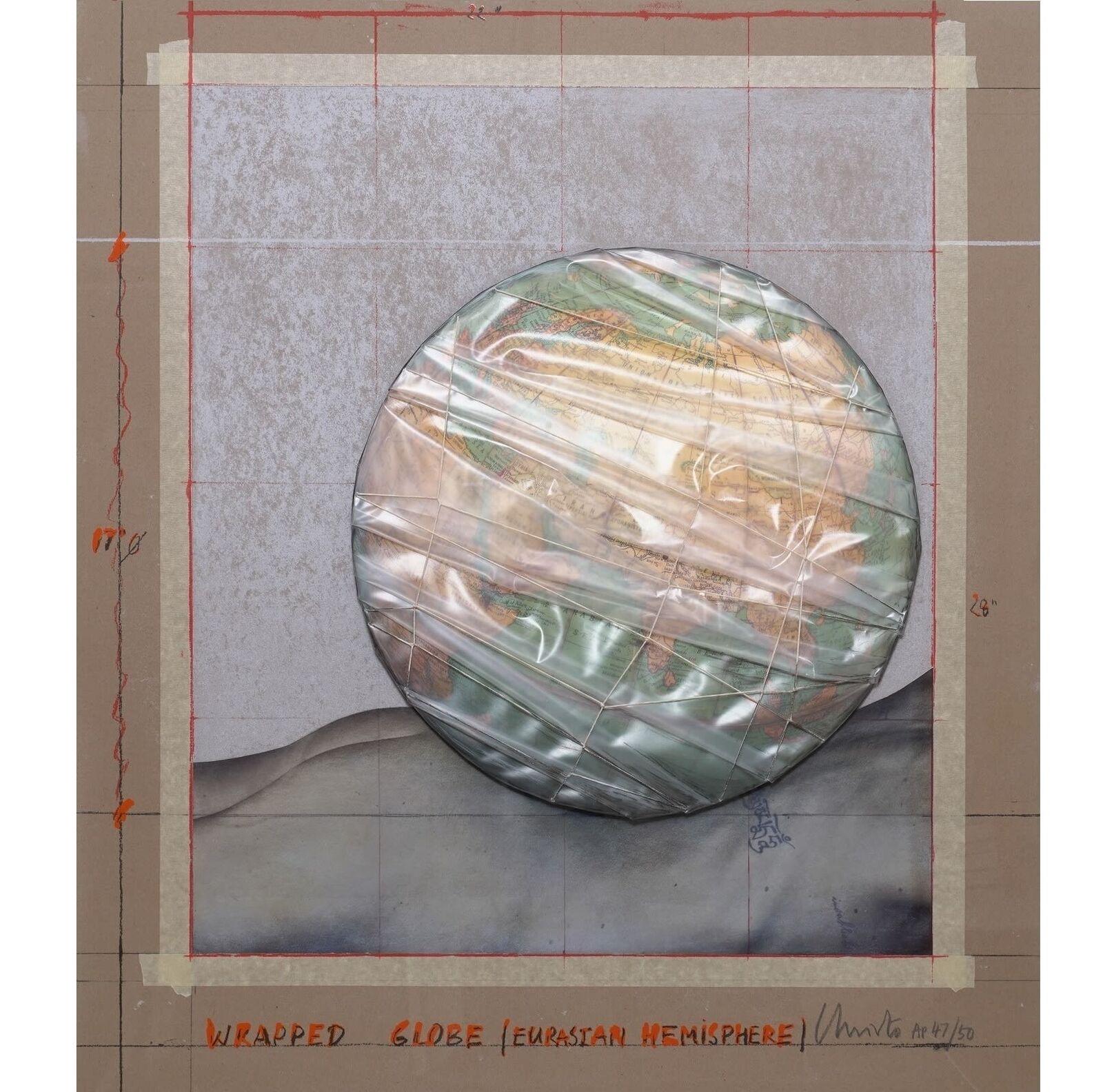 Artwork by Christo, Wrapped Globe (Eurasian Hemisphere), Made of Collage, silkscreen and mixed media 