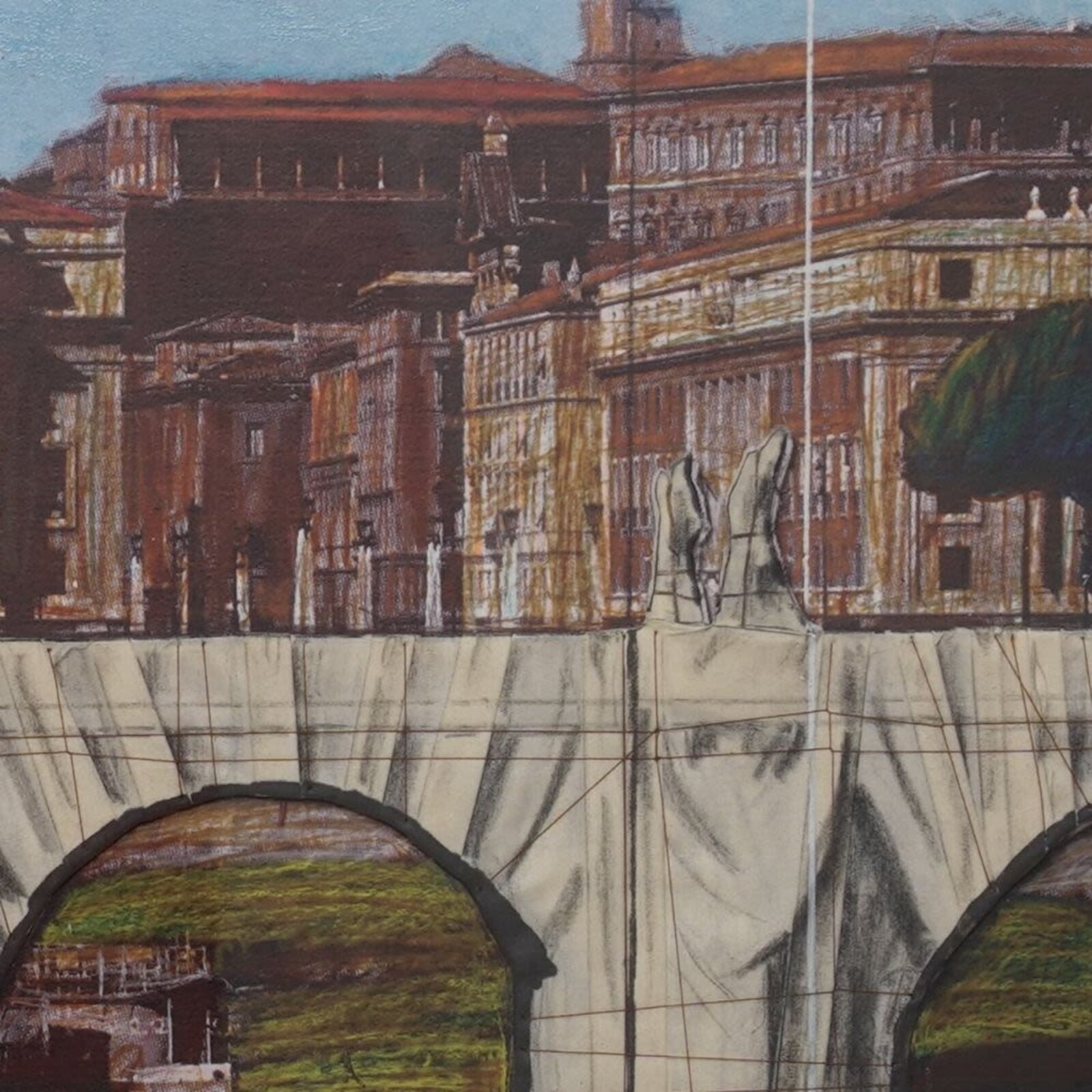 A multi-panel architectural study of a bridge and cityscape with a large dome.