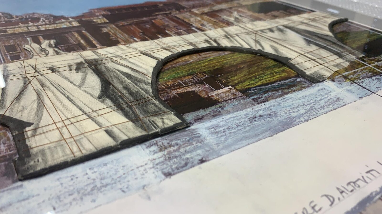 A multi-panel architectural study of a bridge and cityscape with a large dome.