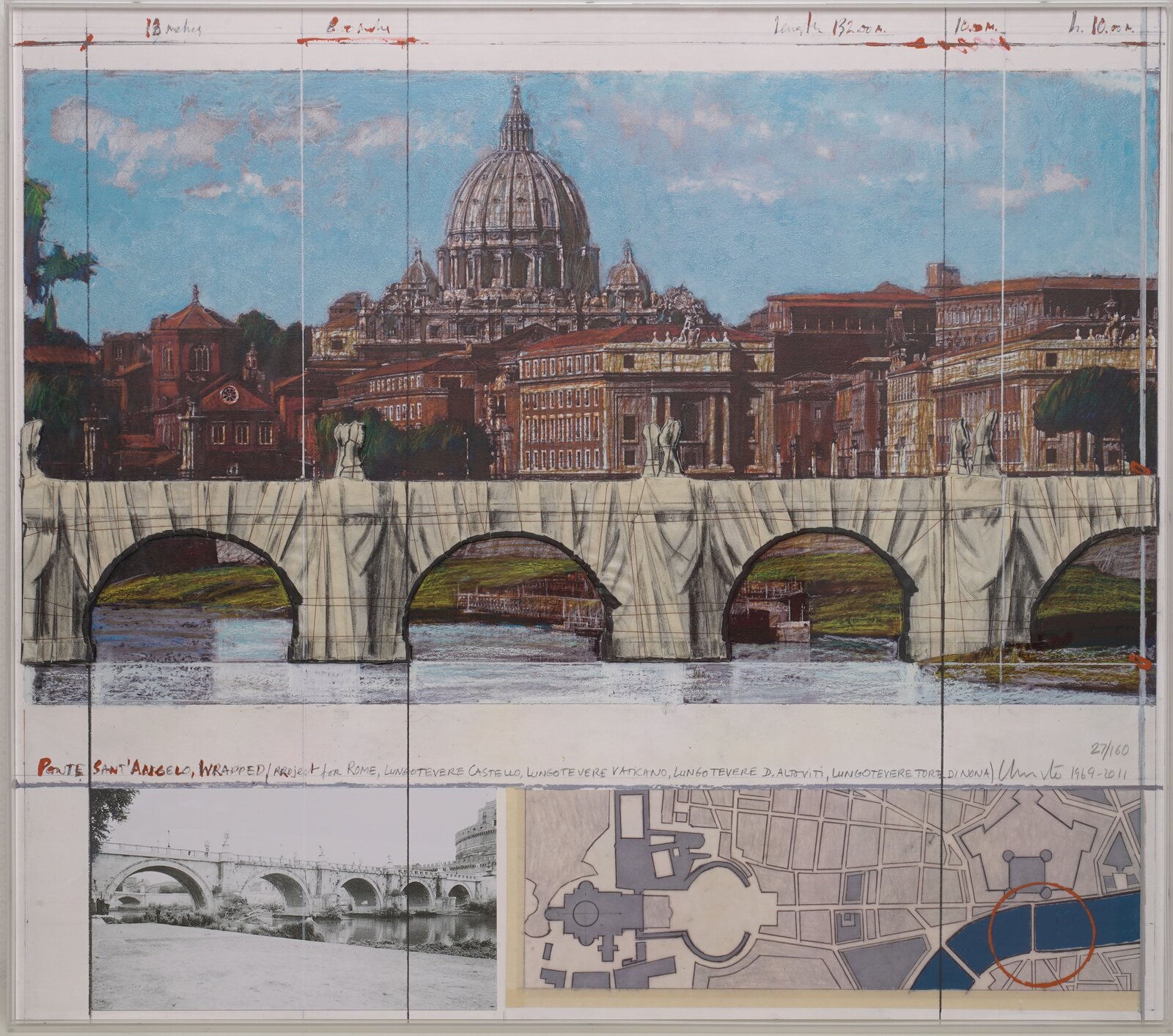 A multi-panel architectural study of a bridge and cityscape with a large dome.