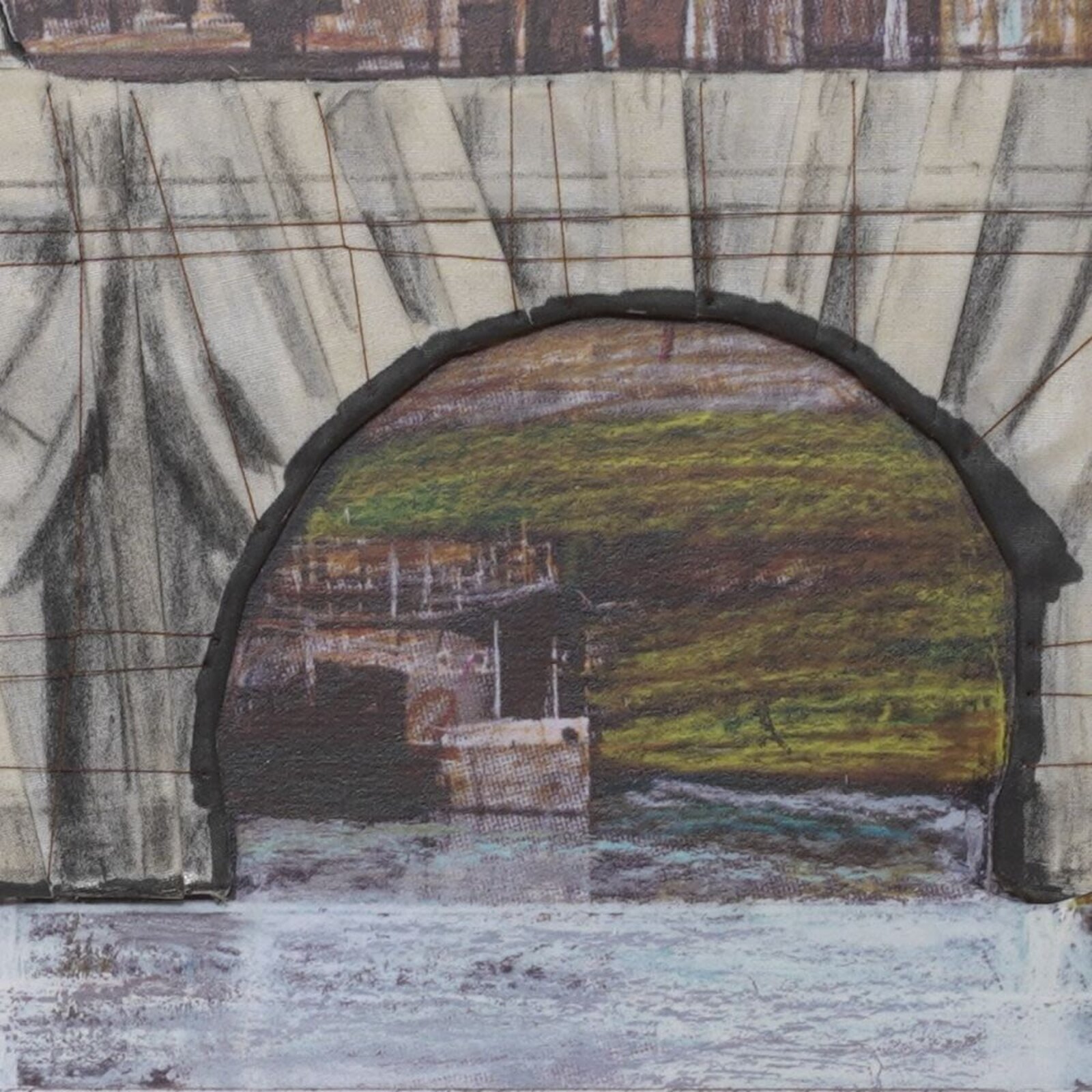 A multi-panel architectural study of a bridge and cityscape with a large dome.