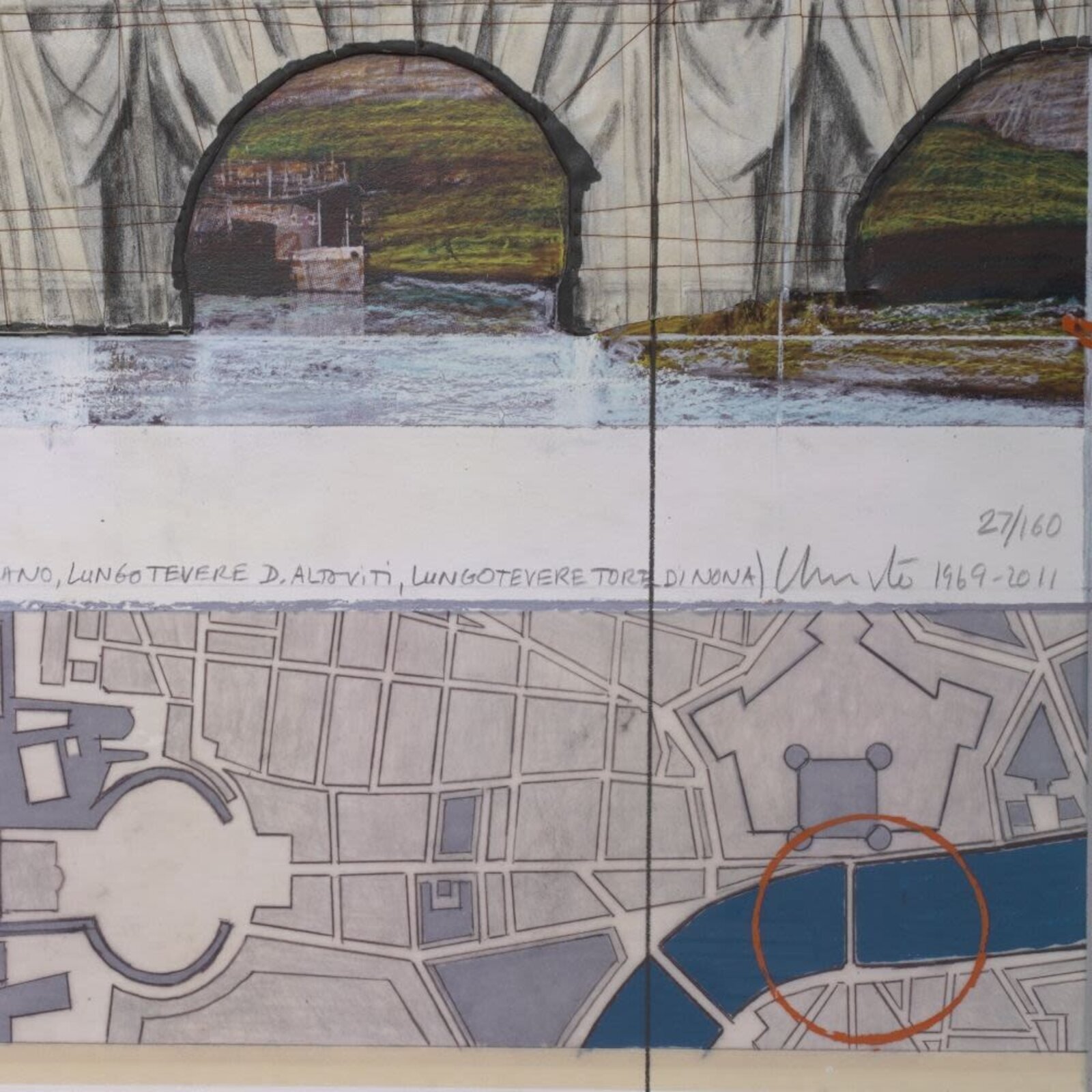 A multi-panel architectural study of a bridge and cityscape with a large dome.