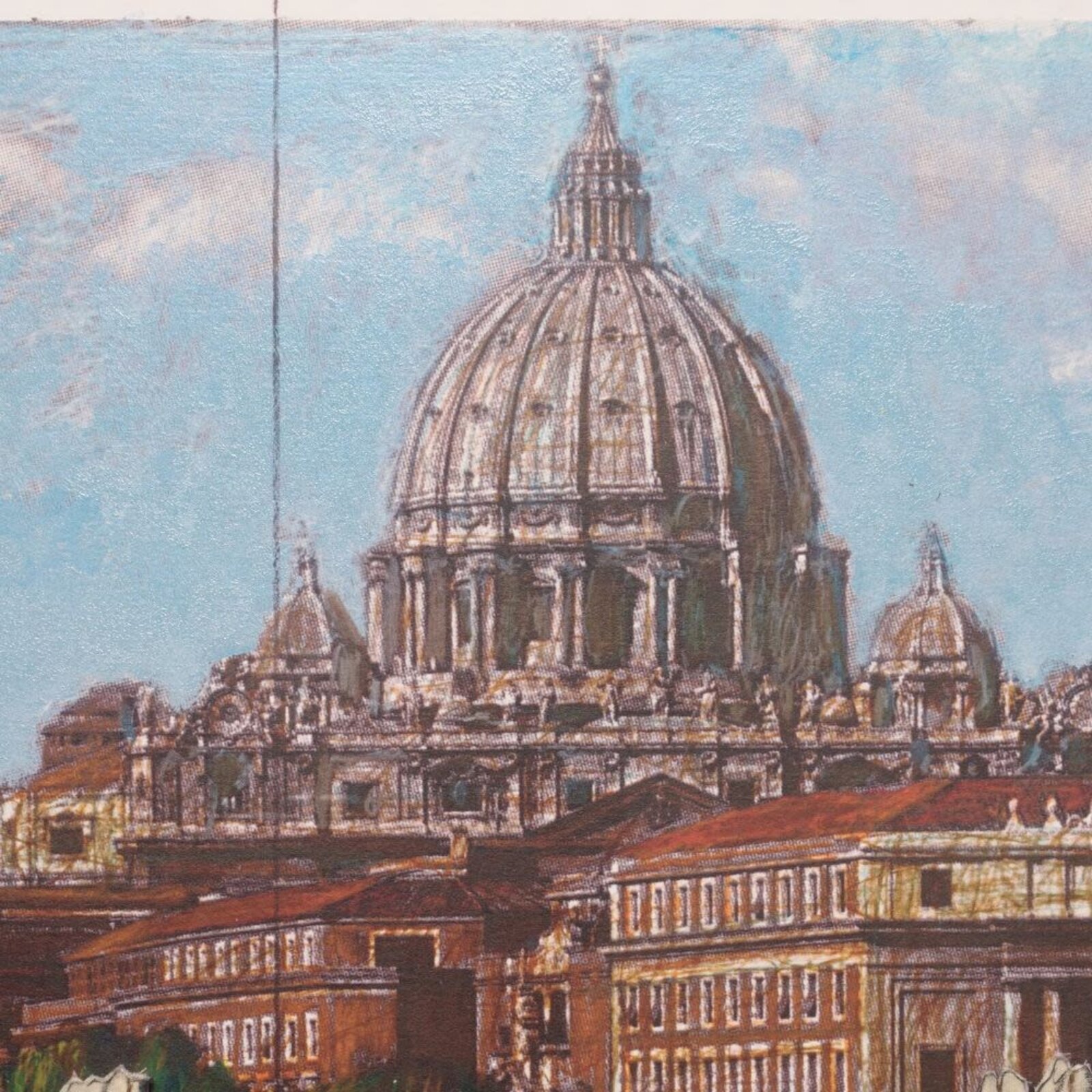 A multi-panel architectural study of a bridge and cityscape with a large dome.