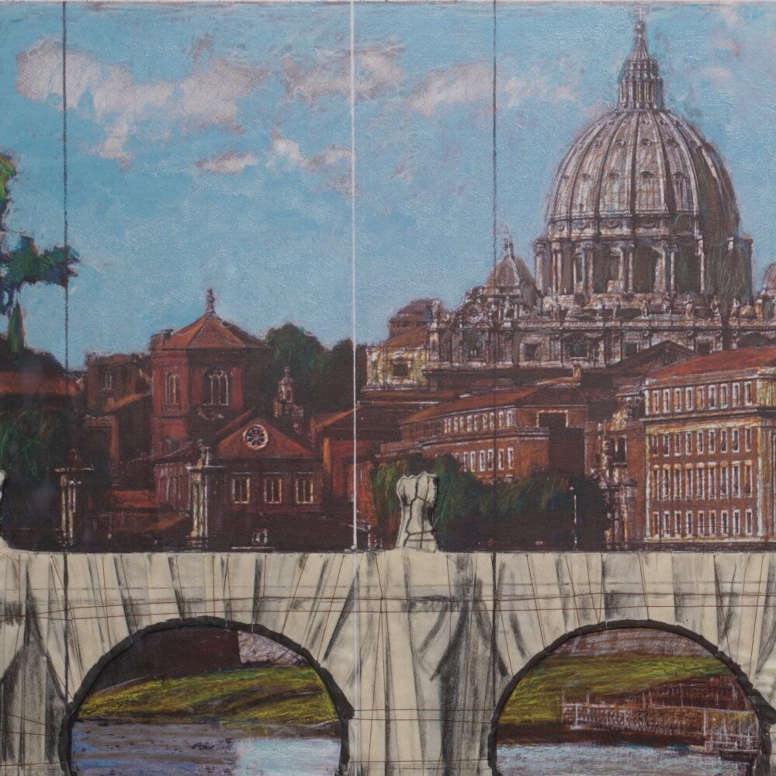 A multi-panel architectural study of a bridge and cityscape with a large dome.