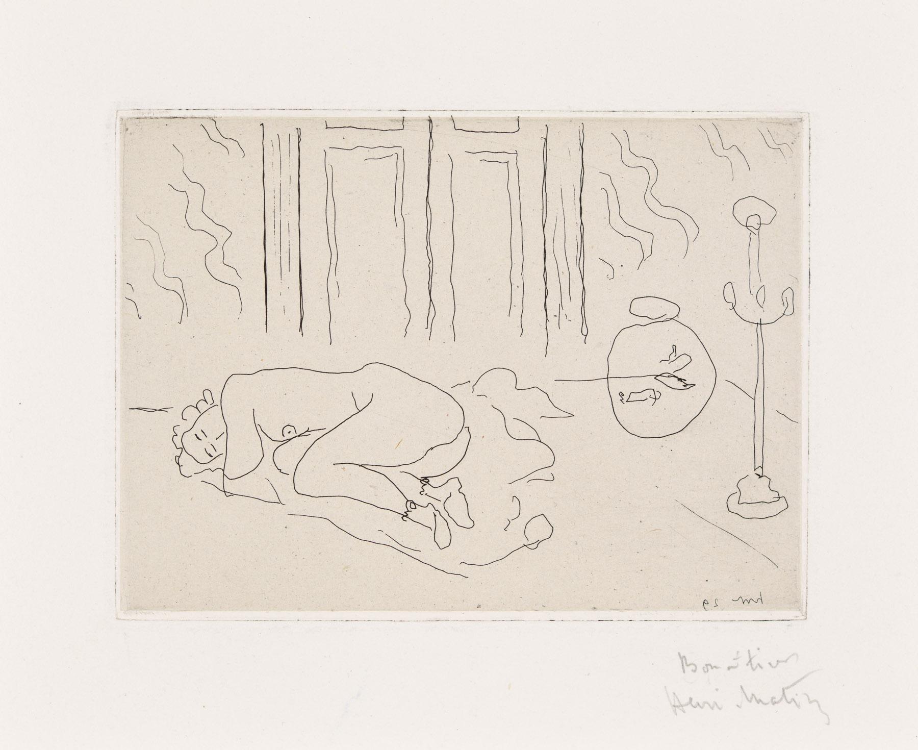 A minimalist line drawing of a reclining figure in a stylized interior.