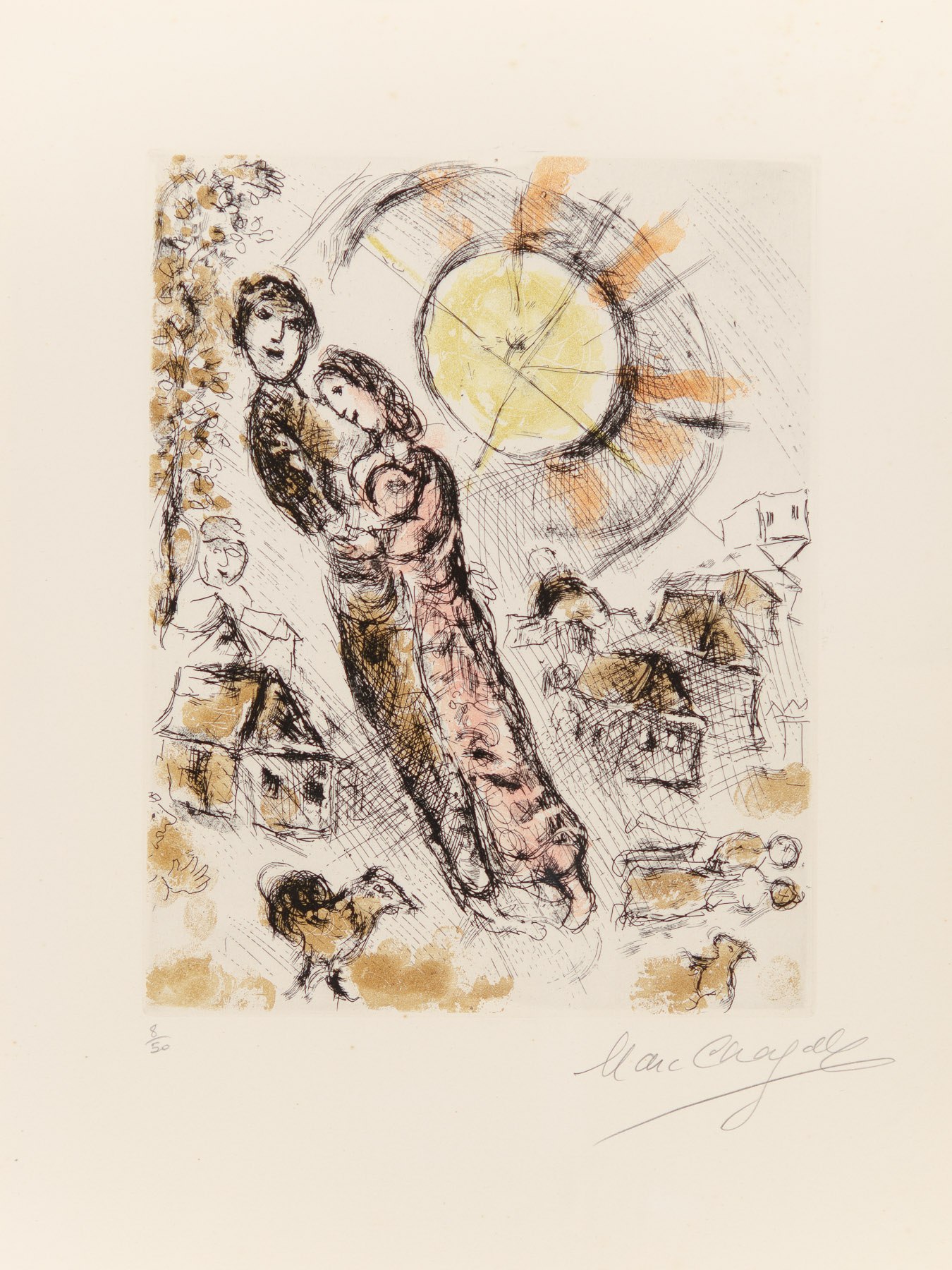 A dynamic etching of a couple embracing under a large sun, surrounded by small houses and birds.