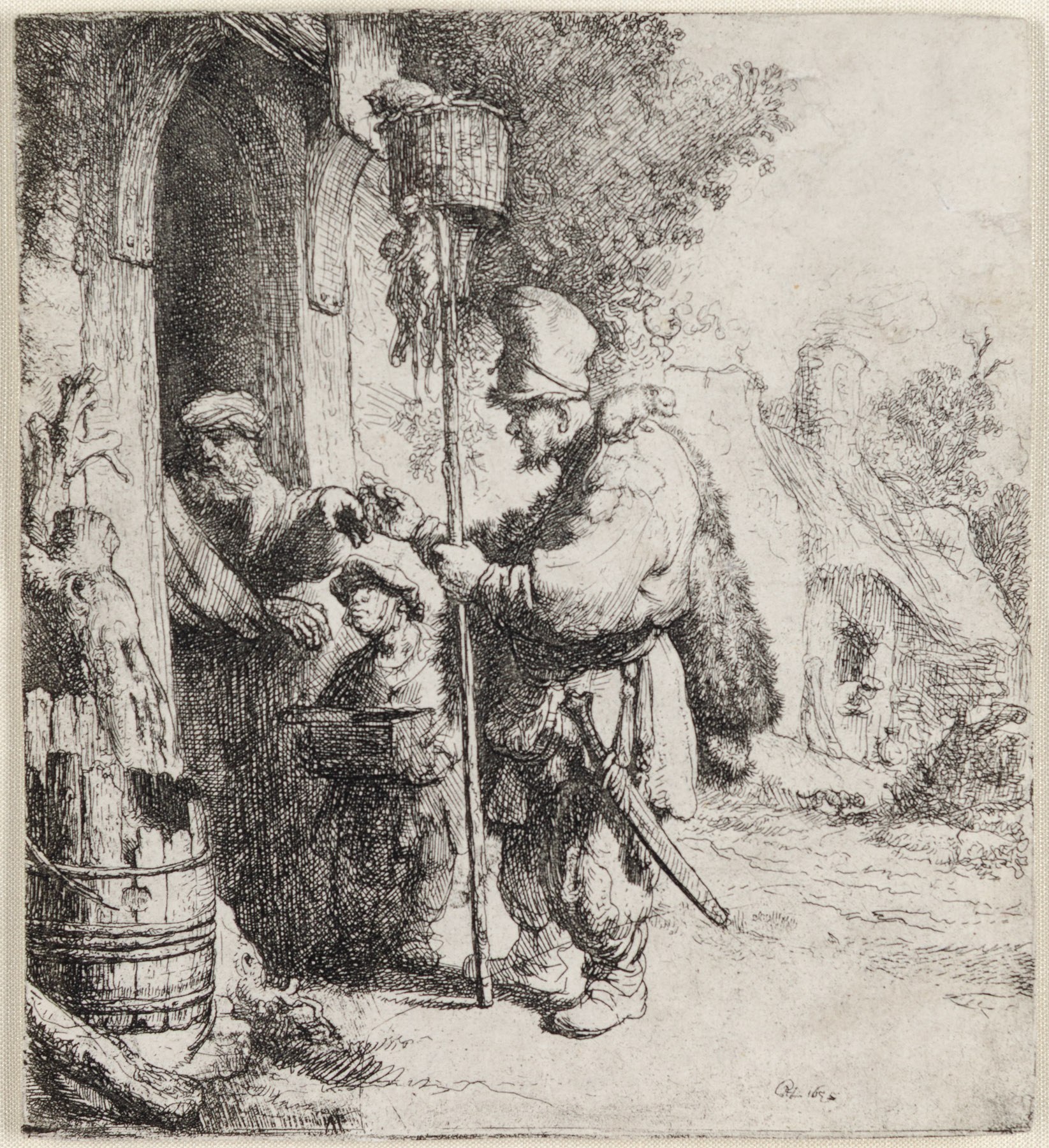 A detailed etching of a traveler interacting with a village figure at a rustic doorway.