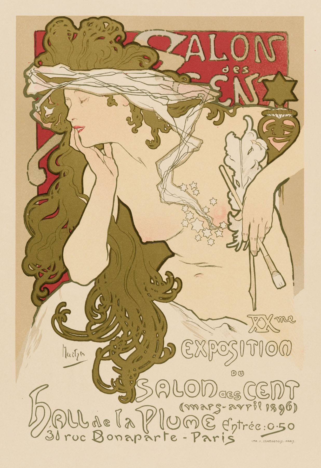An elegant Art Nouveau poster featuring a stylized female figure with flowing hair and artistic tools.