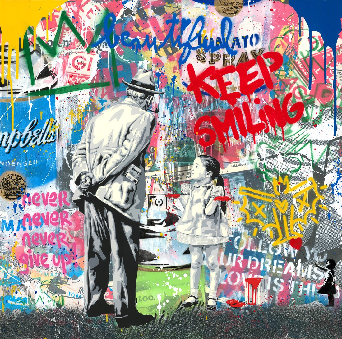 A vibrant graffiti-style illustration of a man and a girl amidst colorful urban text.