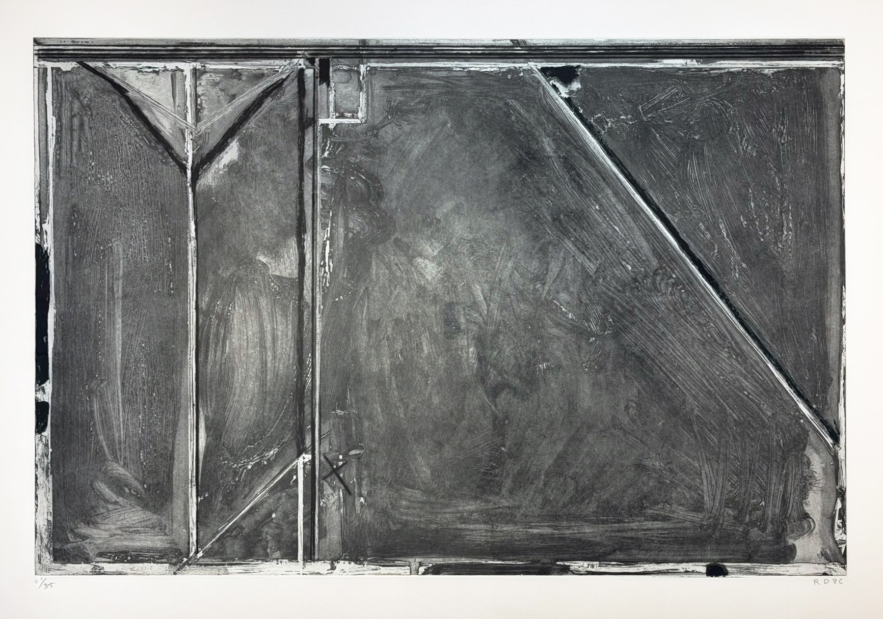 A monochromatic etching of a weathered wooden door with visible grain and structural lines.