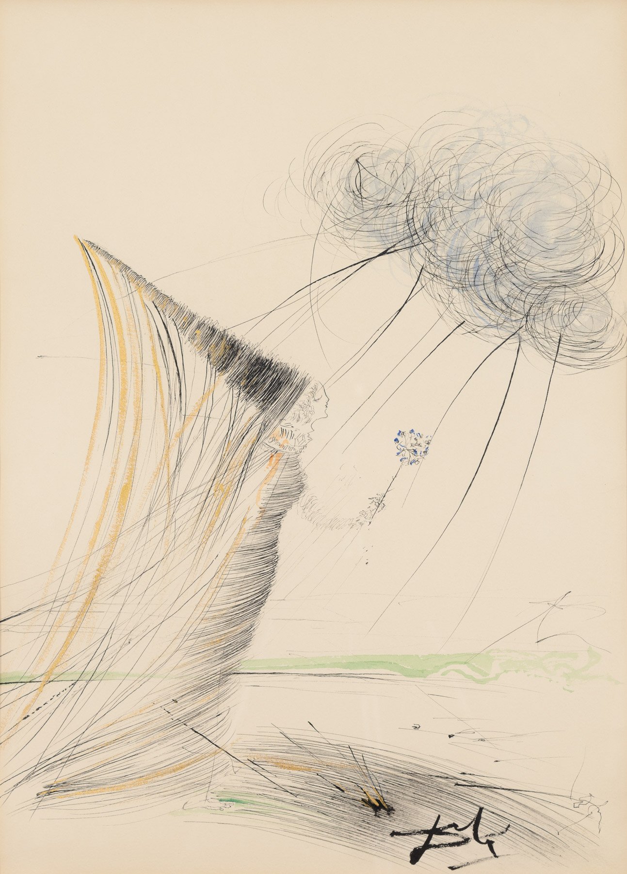 A sketch of a figure in profile holding a flower, with abstract lines suggesting wind or movement.