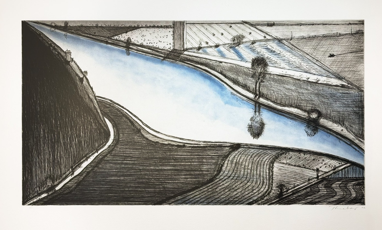 A stylized landscape drawing featuring a winding river cutting through dark, textured fields under a blue sky.