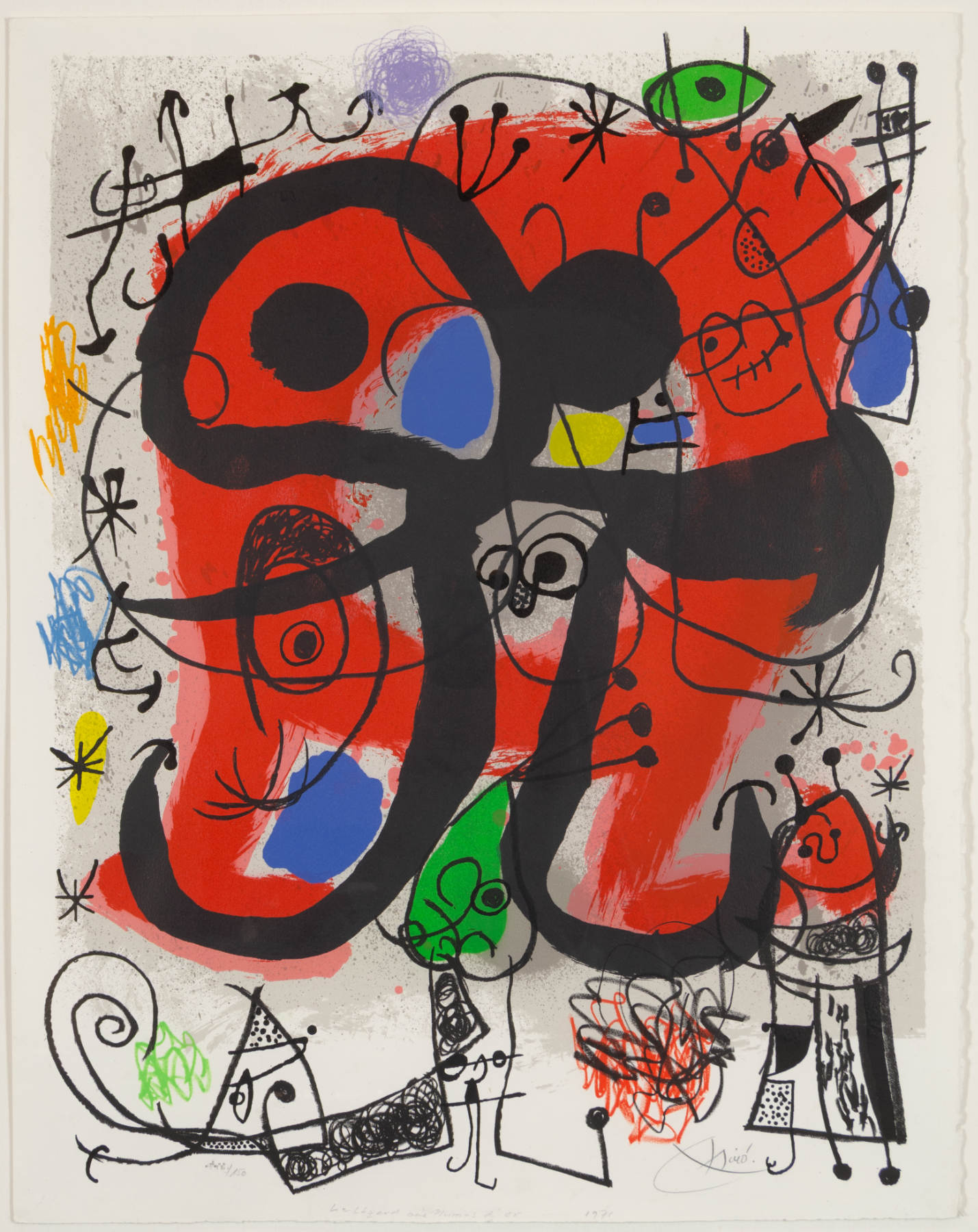 A vibrant abstract composition featuring a large red figure with black outlines and smaller whimsical figures.