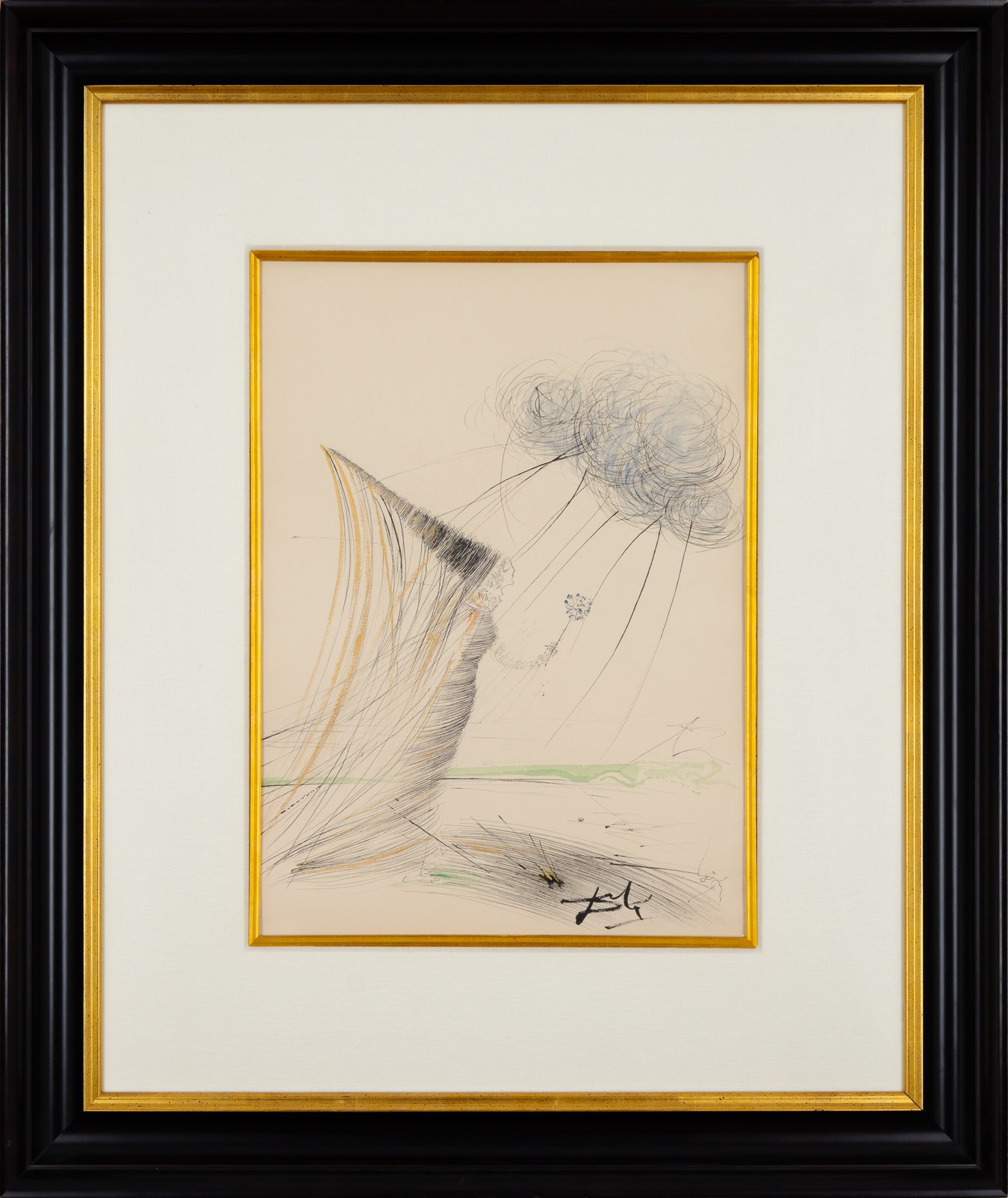 A sketch of a figure in profile holding a flower, with abstract lines suggesting wind or movement.
