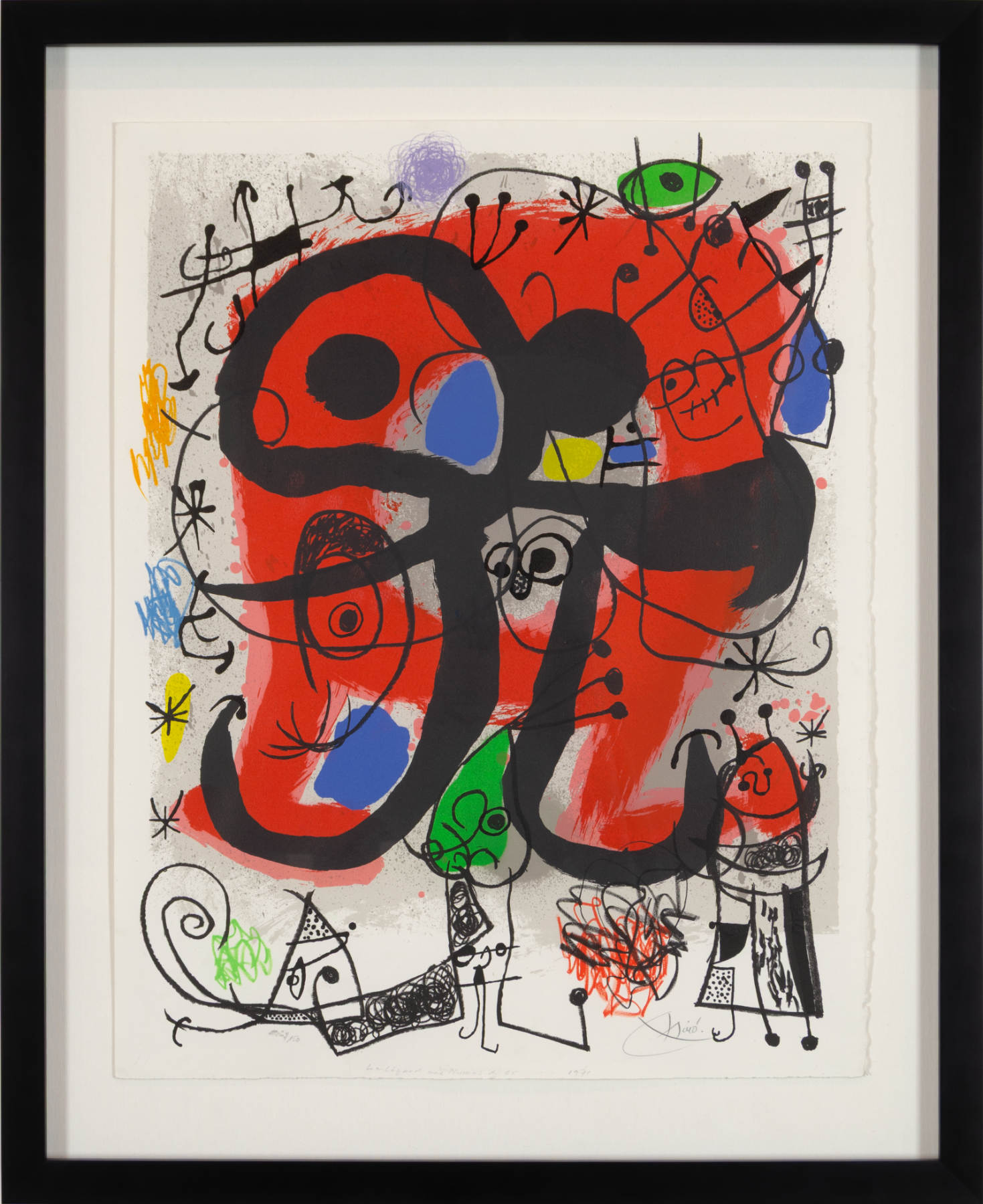 A vibrant abstract composition featuring a large red figure with black outlines and smaller whimsical figures.