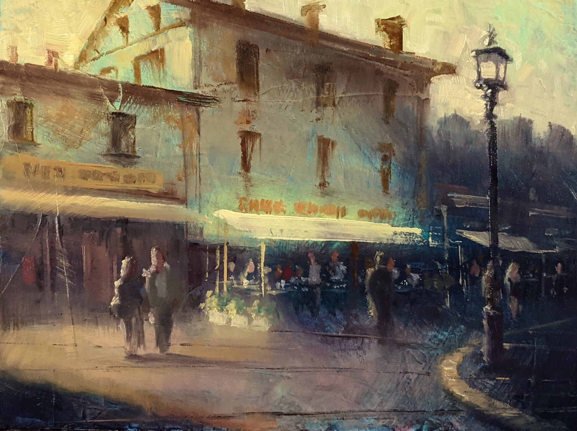 A painting of people walking down a street in front of a building.