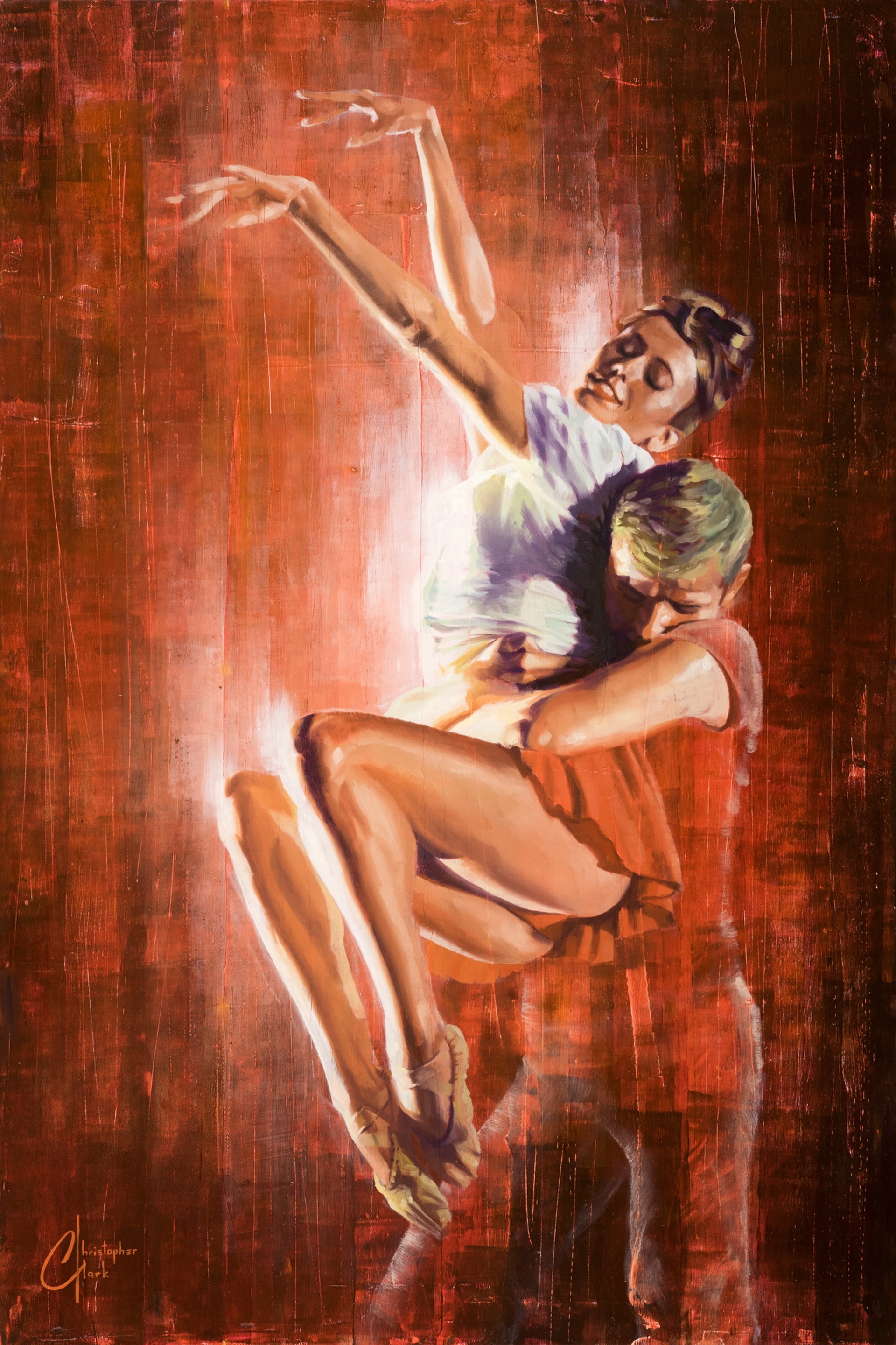 A painting of a couple dancing a tango on a red background.