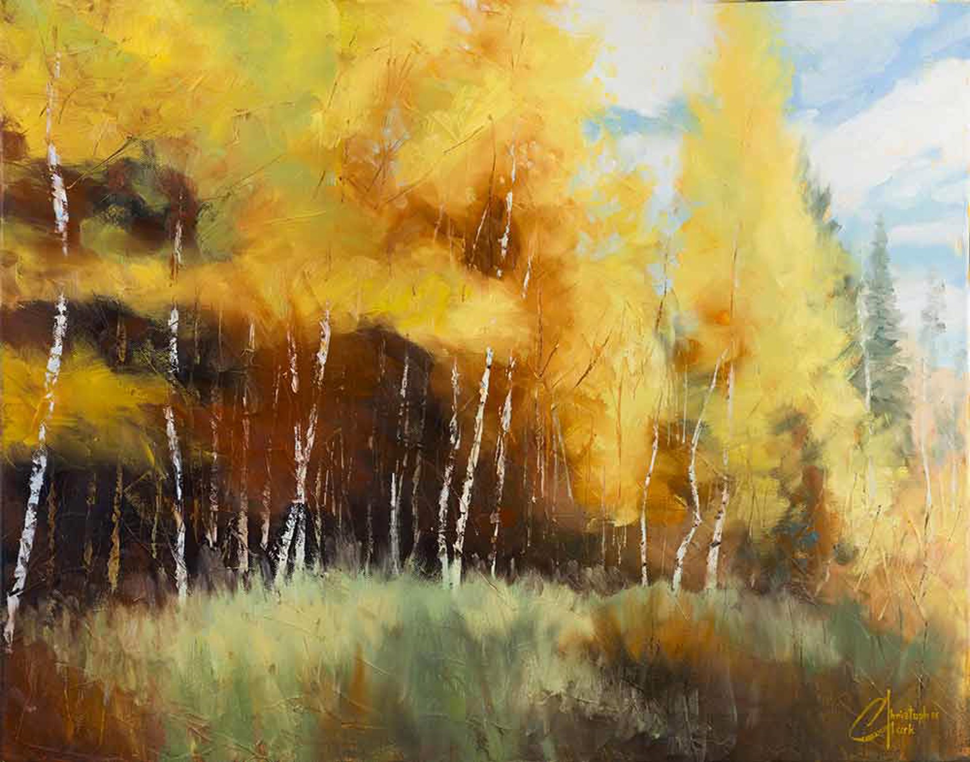 A vibrant landscape painting of a birch forest in autumn with golden foliage and soft brushstrokes.