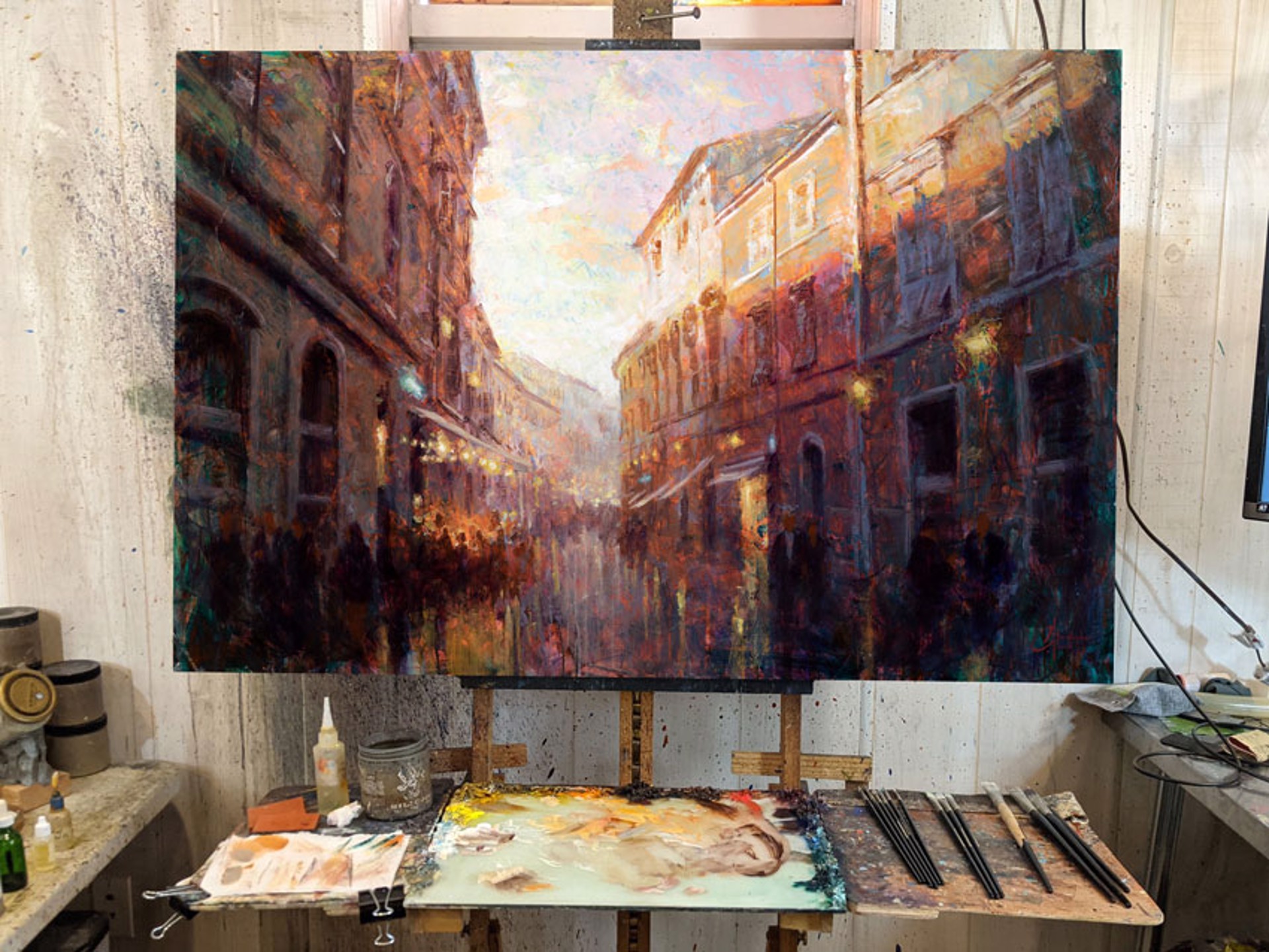 A painterly depiction of a sunlit European street scene with warm tones and atmospheric depth.