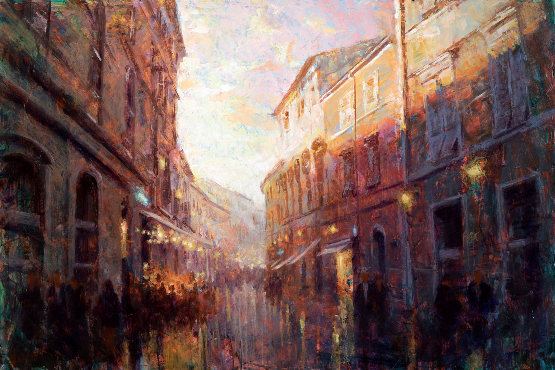 A painterly depiction of a sunlit European street scene with warm tones and atmospheric depth.