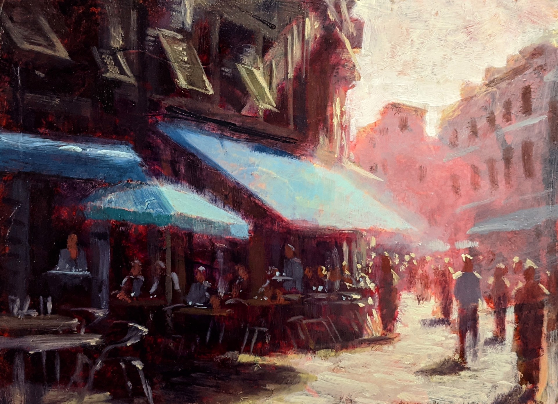 A vibrant impressionist street scene with a café and pedestrians under warm sunlight.