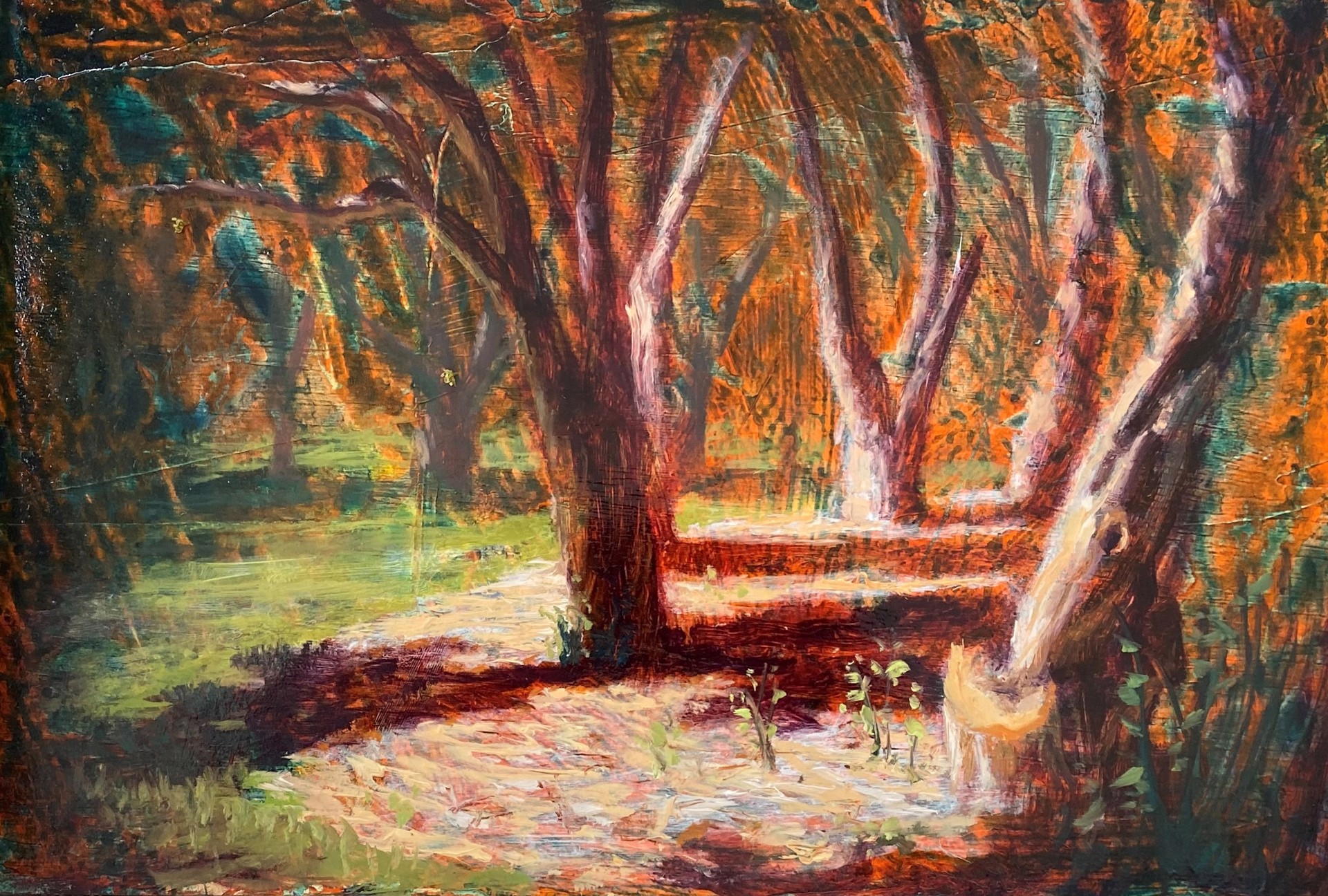 A textured landscape painting of a sunlit forest path with vibrant autumnal colors.