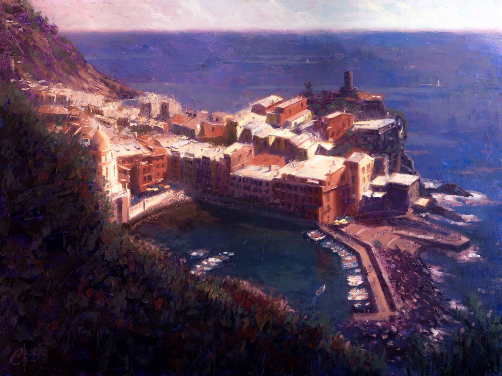 A coastal village nestled on a cliffside overlooking the sea, painted in warm ochre tones against deep blues.