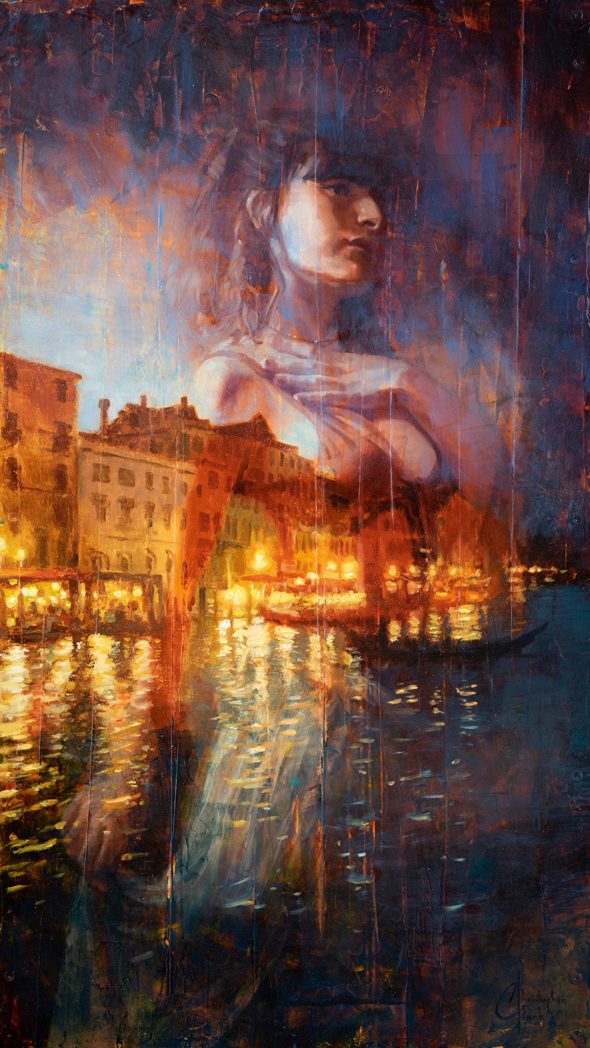 A painting of a woman standing in front of a body of water.