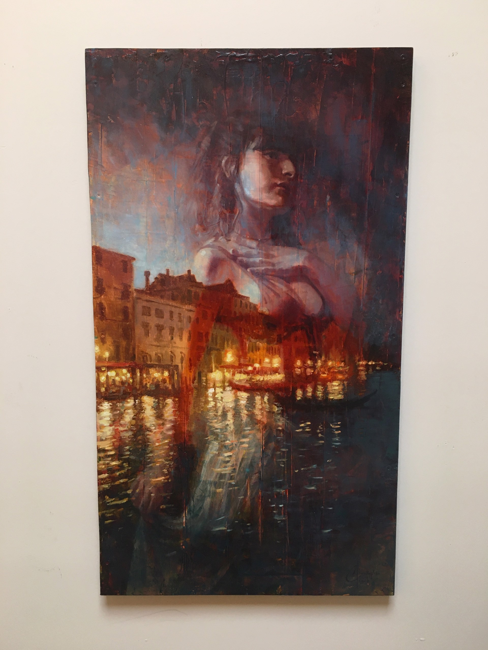 A painting of a woman standing in front of a body of water.