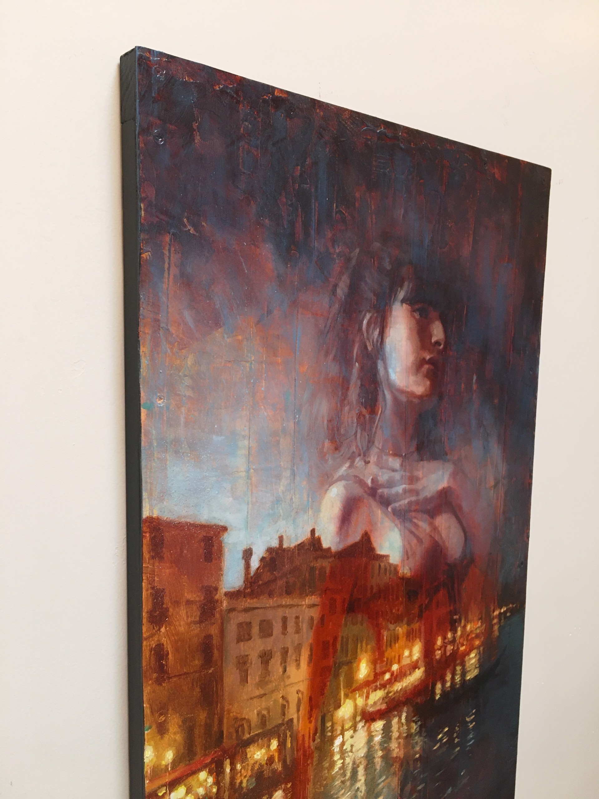 A painting of a woman standing in front of a body of water.