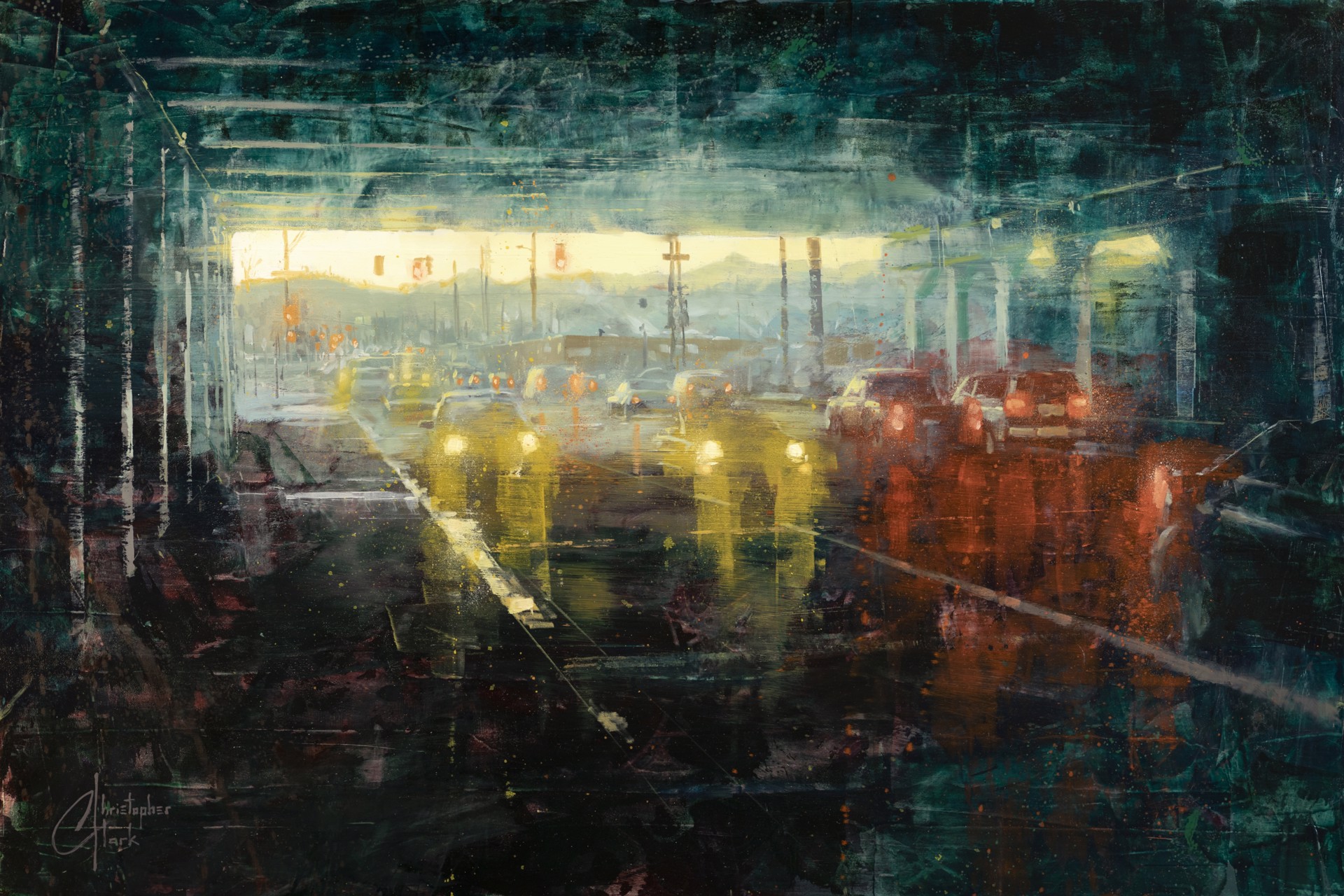 A painting of a city street at night with cars driving under a bridge.