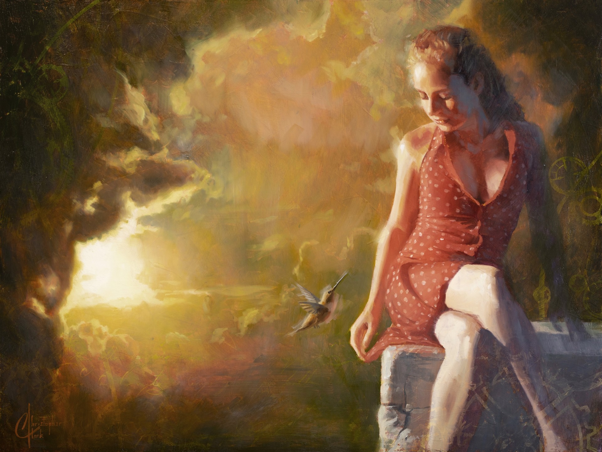 A painting of a woman sitting on a rock with a hummingbird in her hand.