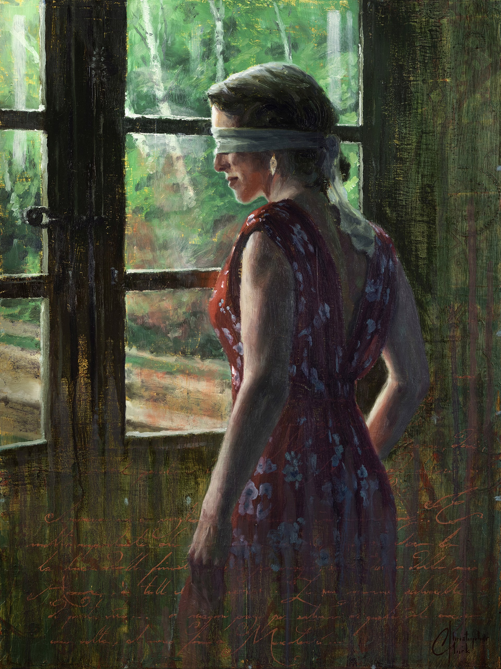 A painting of a woman standing in front of a window.