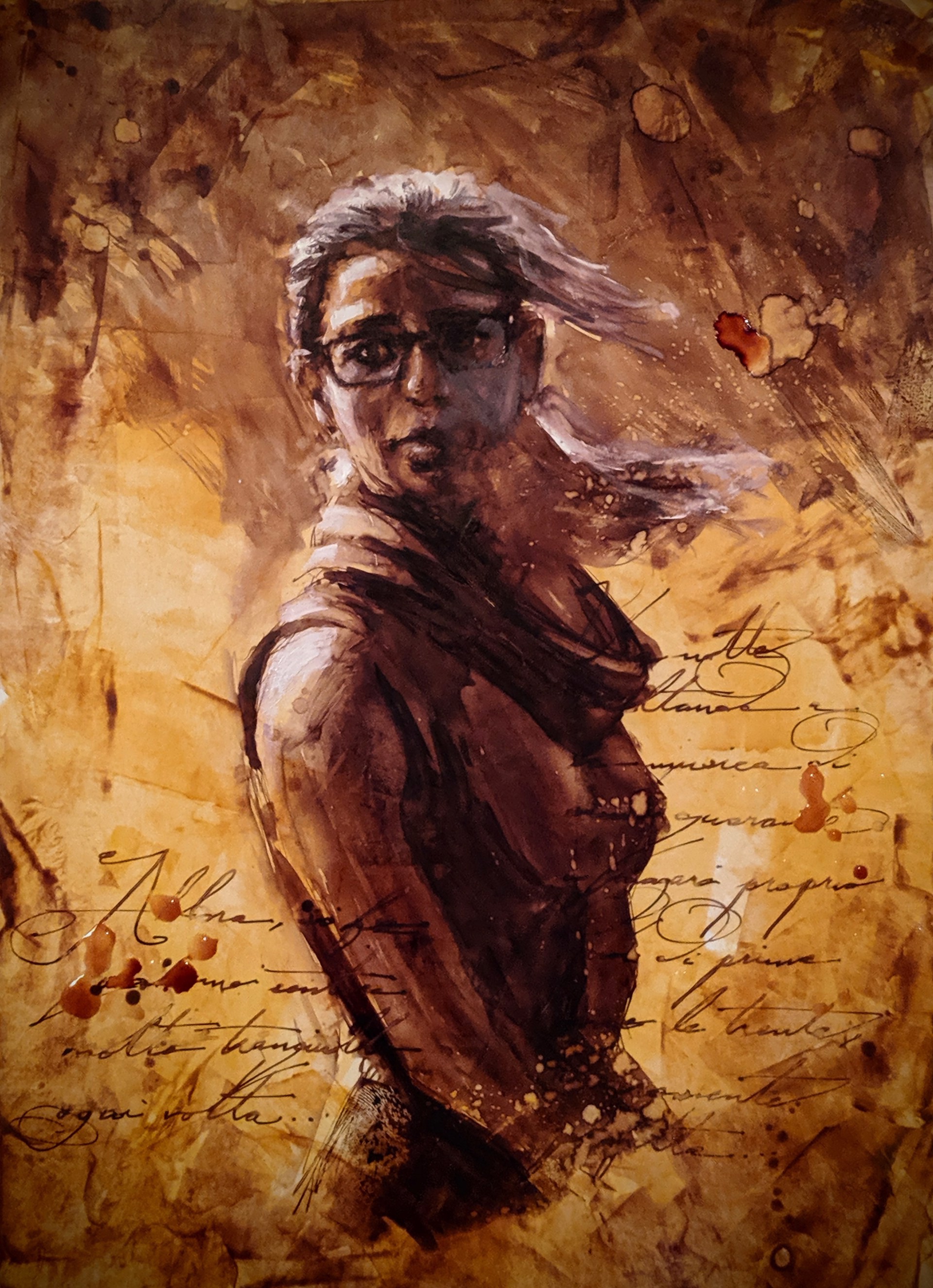 A painting of a woman with glasses and a scarf.