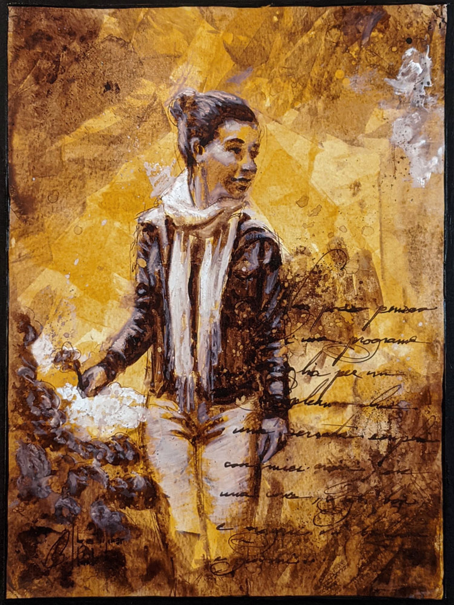 A painting of a woman standing in front of a yellow background.