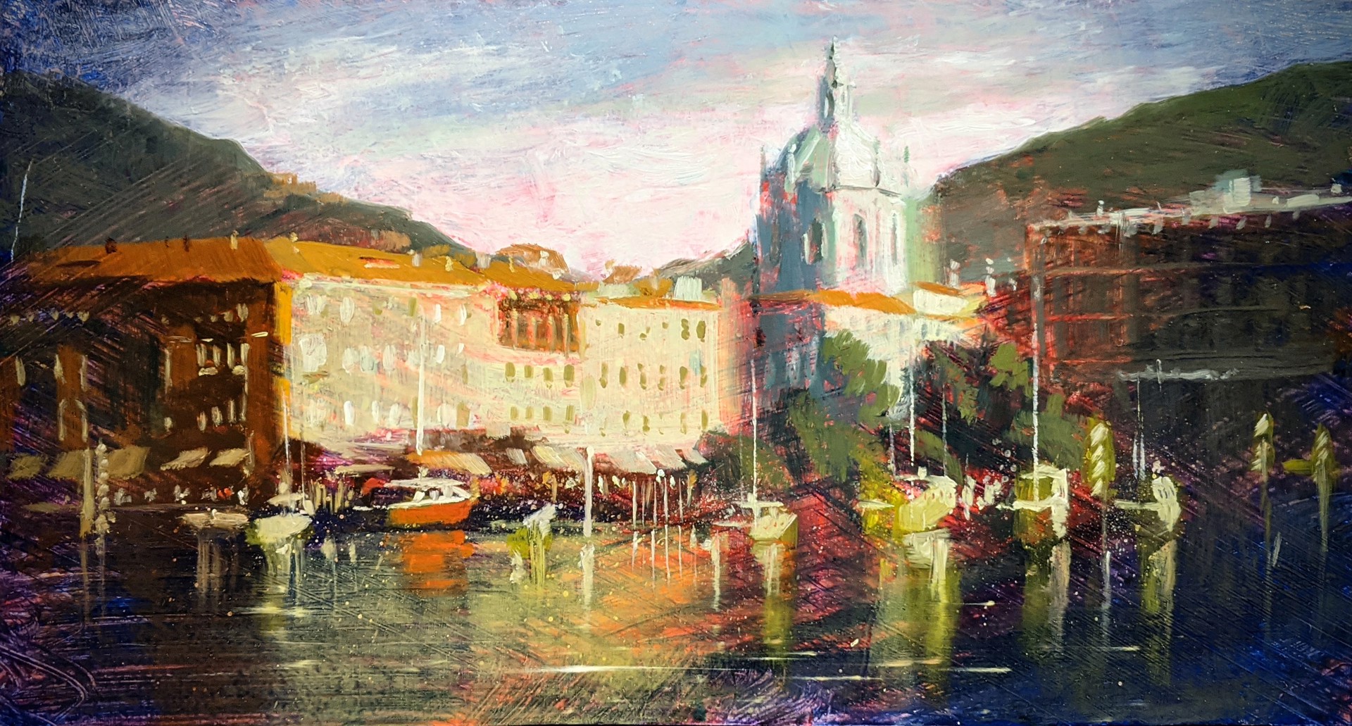 A painting of a cityscape with boats docked in the water.